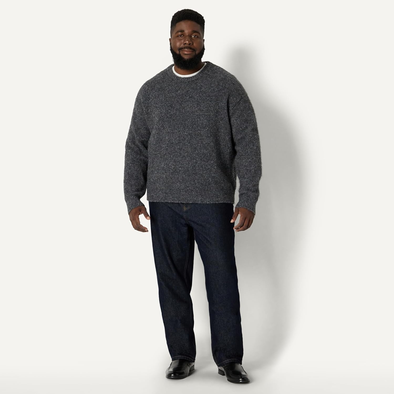 image:imageAmazon Essentials Mens RelaxedFit Faux Mohair Crewneck Pullover Sweater Ribbed Wool Blend HeavyweightCharcoal Heather