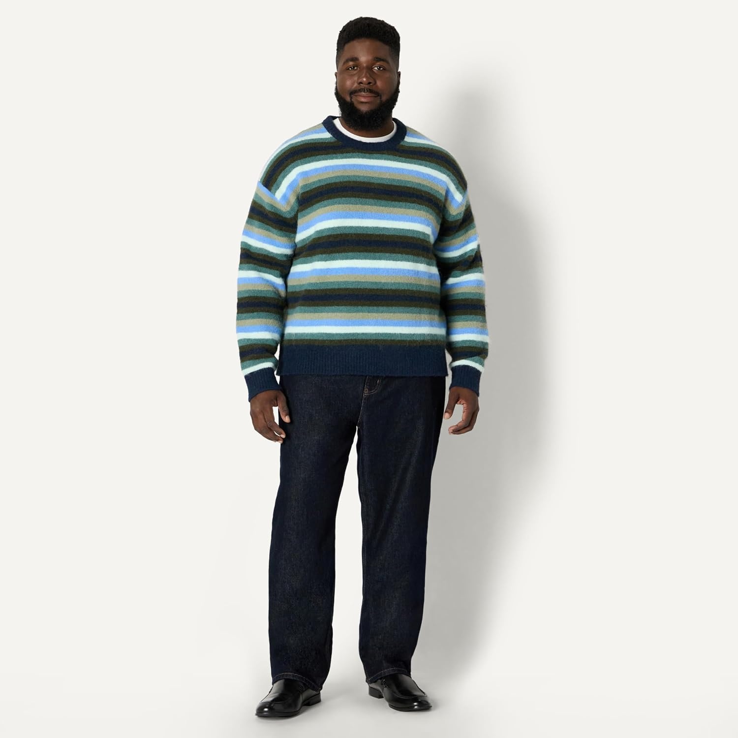 image:imageAmazon Essentials Mens RelaxedFit Faux Mohair Crewneck Pullover Sweater Ribbed Wool Blend HeavyweightNavy Blue Stripe Knit