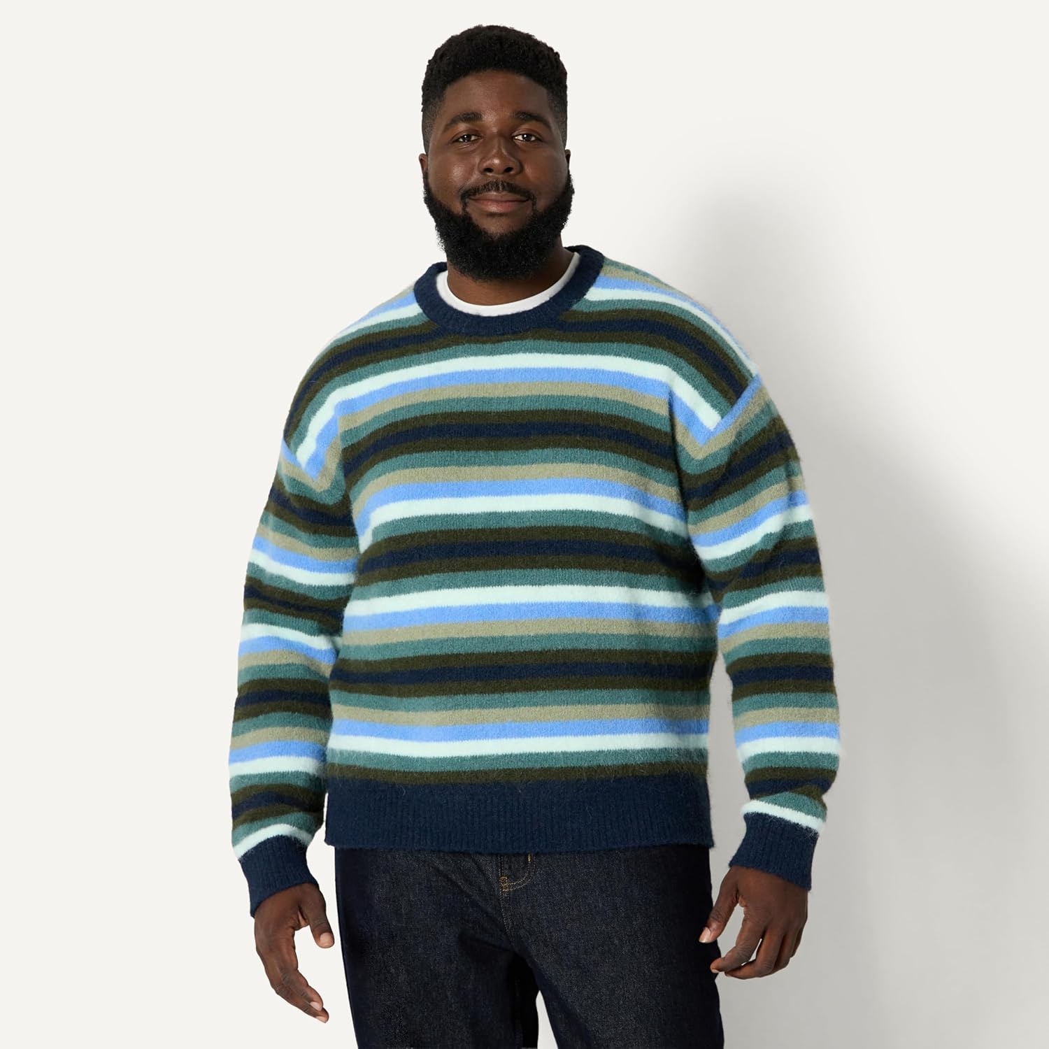image:imageAmazon Essentials Mens RelaxedFit Faux Mohair Crewneck Pullover Sweater Ribbed Wool Blend HeavyweightNavy Blue Stripe Knit