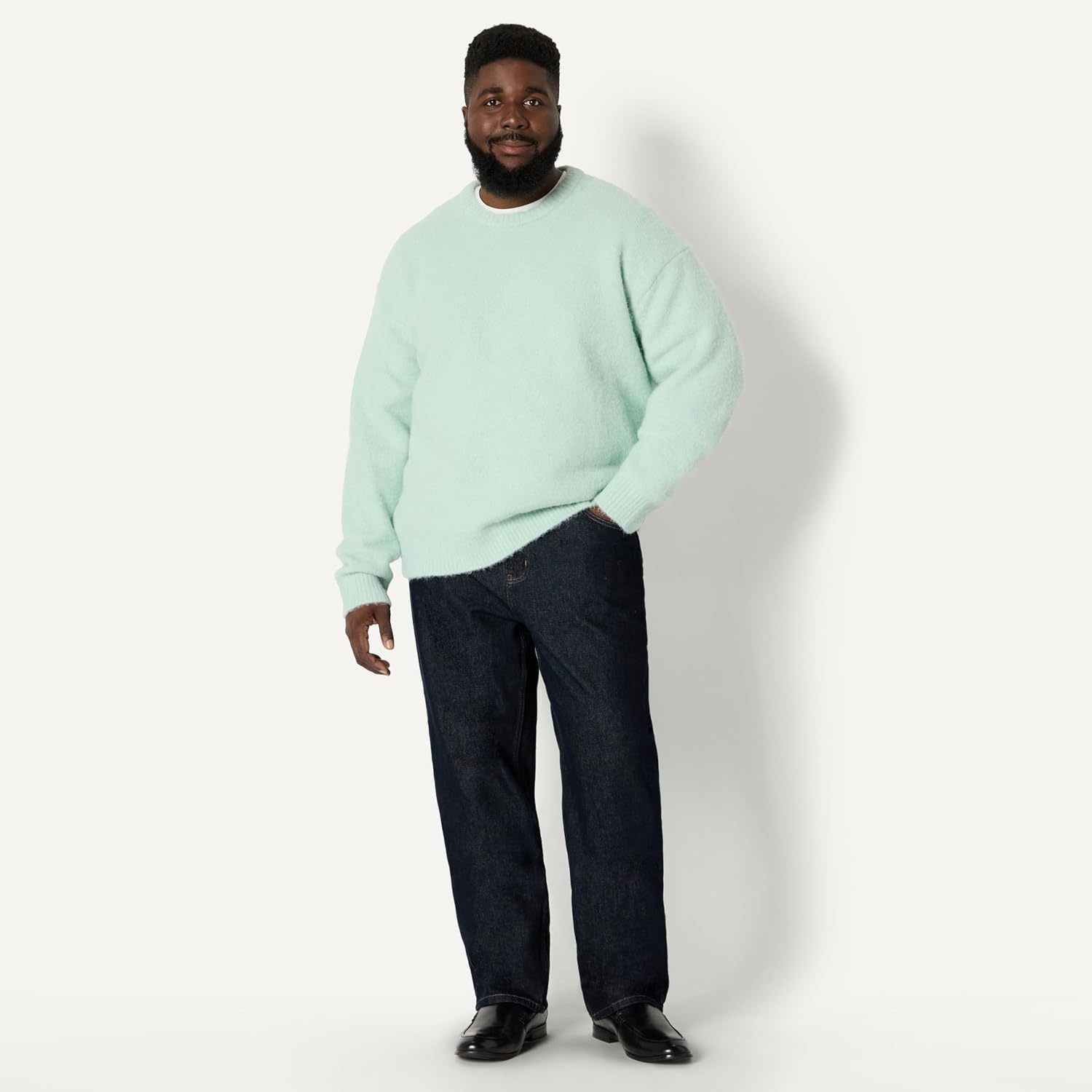 image:imageAmazon Essentials Mens RelaxedFit Faux Mohair Crewneck Pullover Sweater Ribbed Wool Blend HeavyweightPastel Green