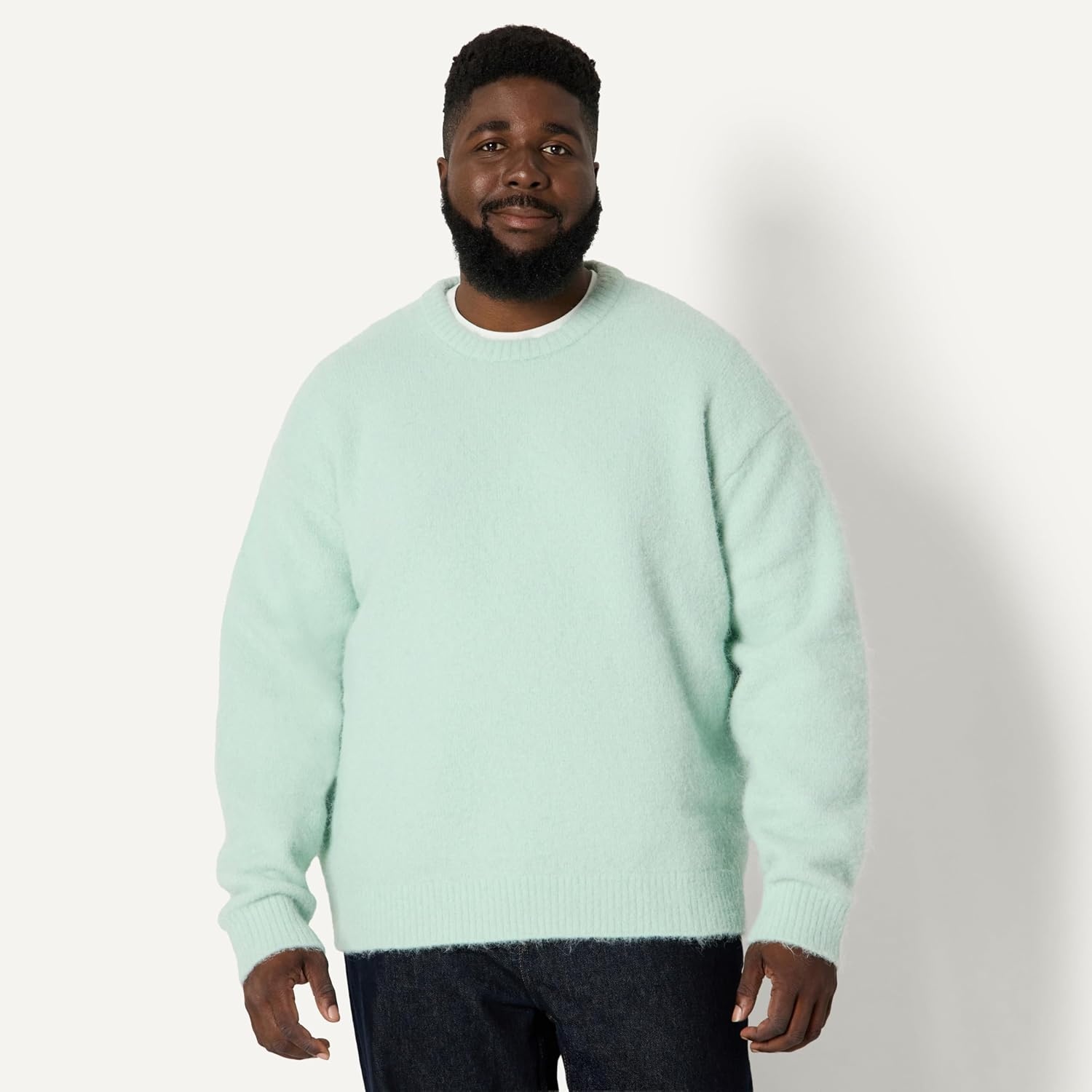 image:imageAmazon Essentials Mens RelaxedFit Faux Mohair Crewneck Pullover Sweater Ribbed Wool Blend HeavyweightPastel Green