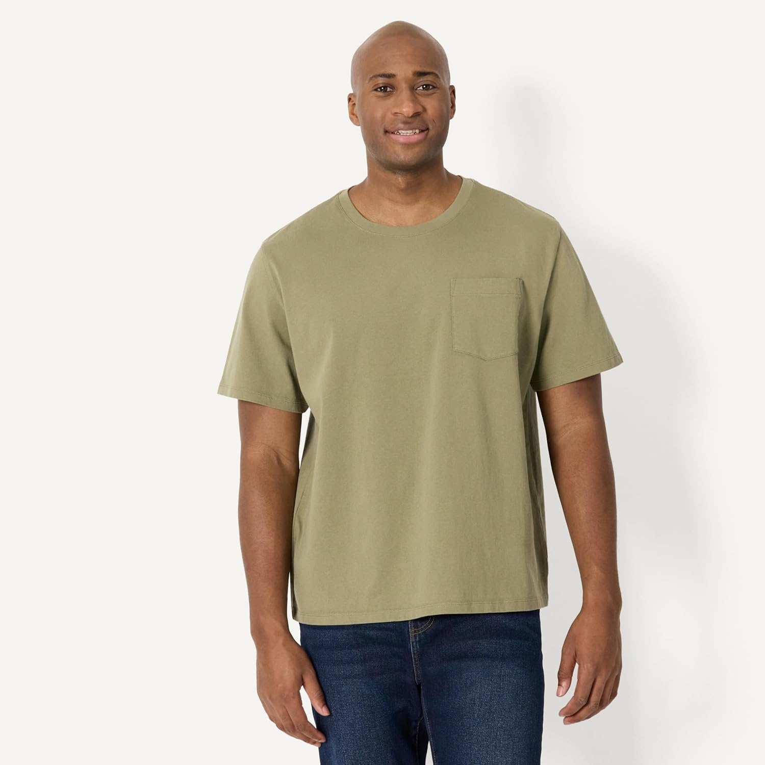 image:imageAmazon Essentials Mens RelaxedFit Heavyweight Cotton Pocket TShirtLight Olive
