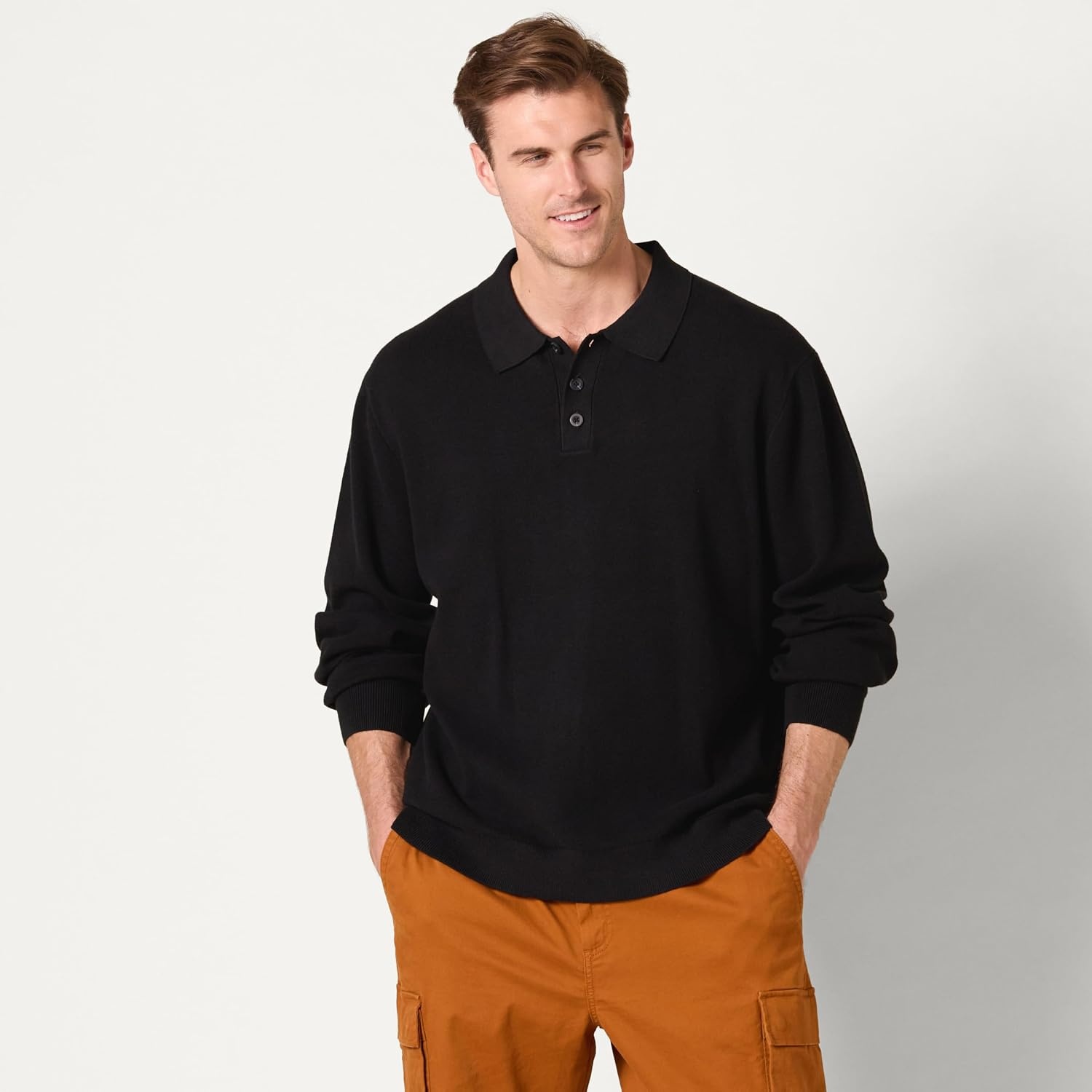 image:imageAmazon Essentials Mens RelaxedFit Knit Polo SweaterBlack