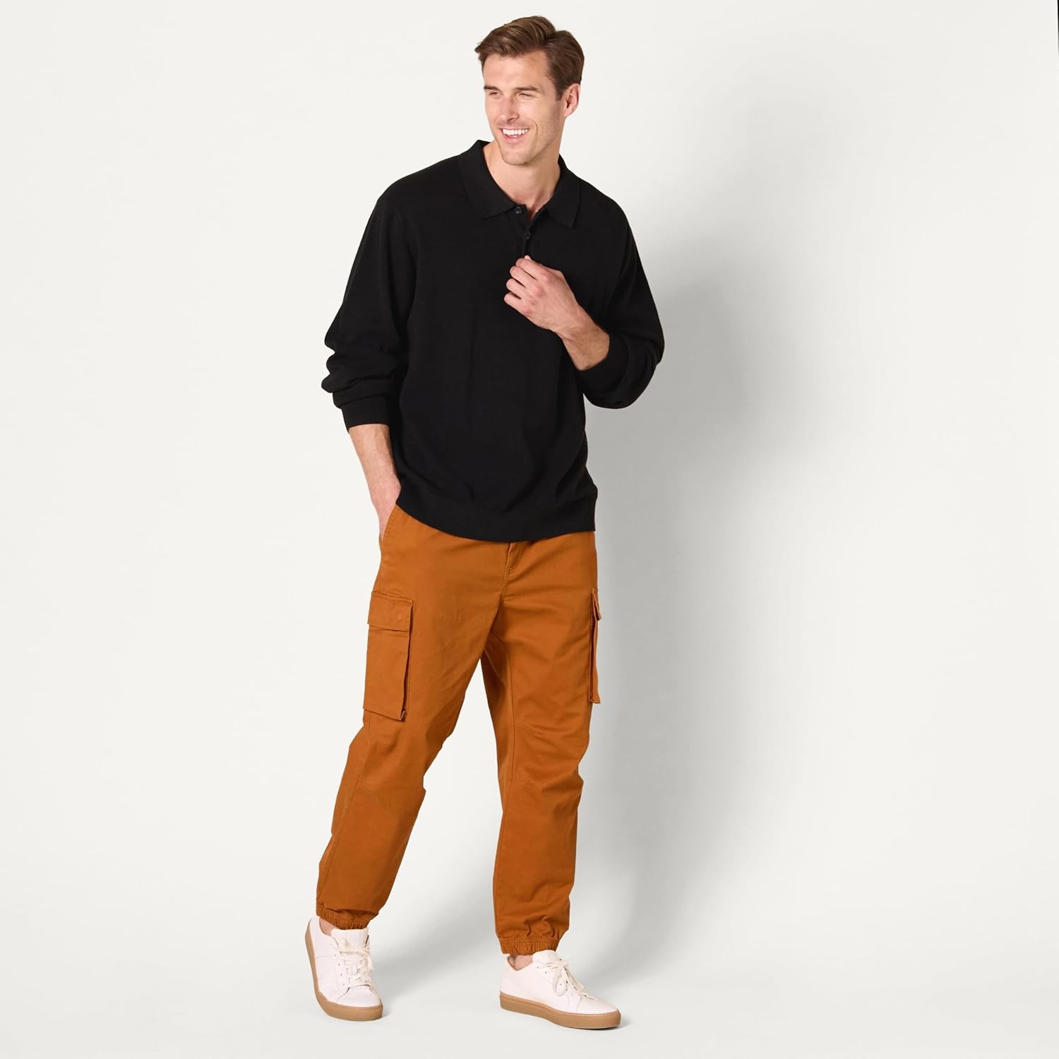 image:imageAmazon Essentials Mens RelaxedFit Knit Polo SweaterBlack