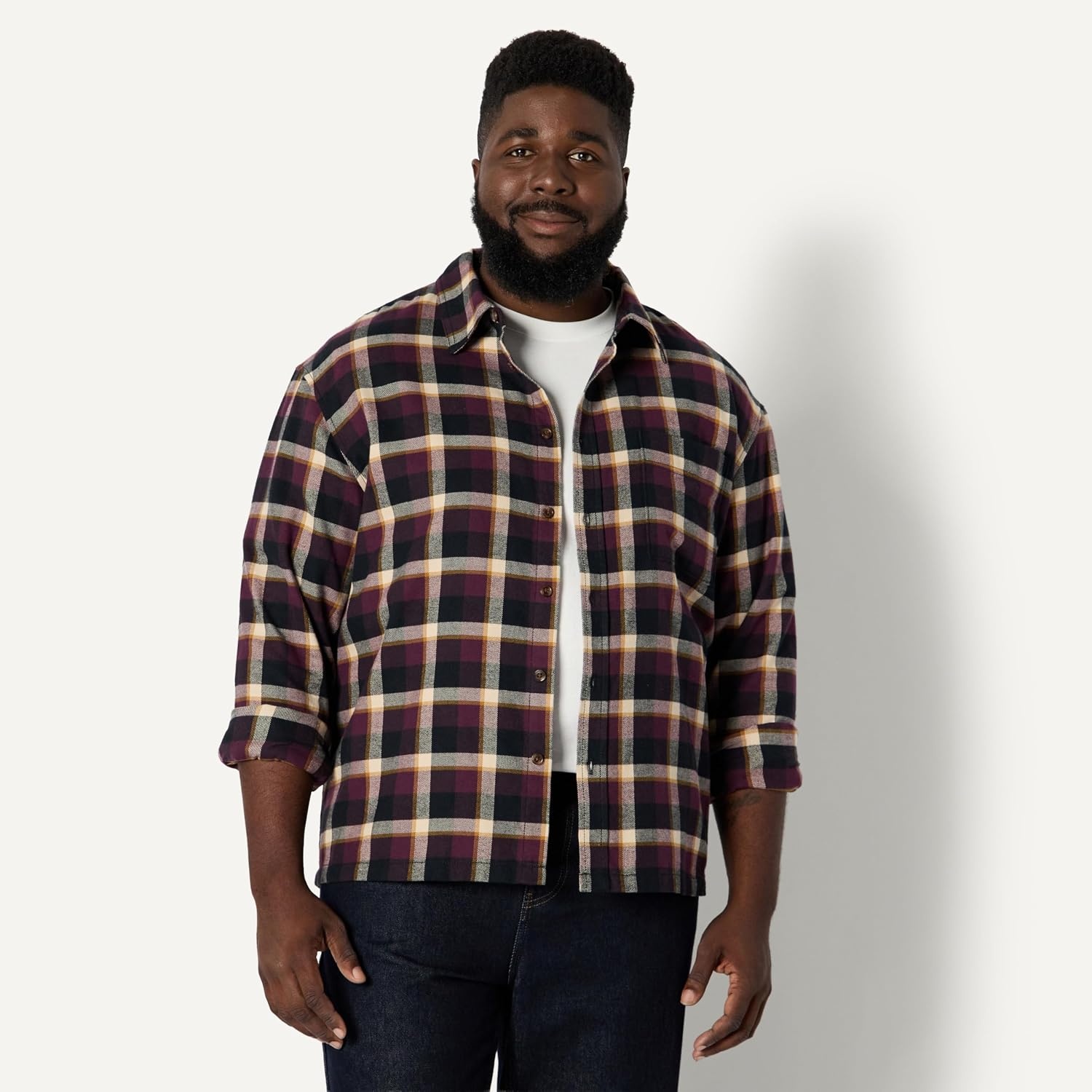image:imageAmazon Essentials Mens RelaxedFit LongSleeve Flannel Shirt with Button Front Closure Spread Collar Chest PocketDark Burgundy Black Check Plaid