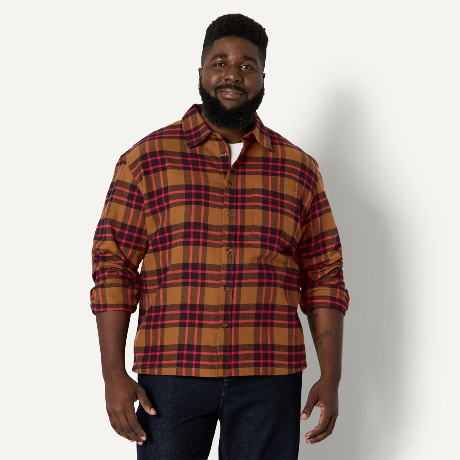 image:imageAmazon Essentials Mens RelaxedFit LongSleeve Flannel Shirt with Button Front Closure Spread Collar Chest PocketDark Chestnut Brown Red Simple Plaid