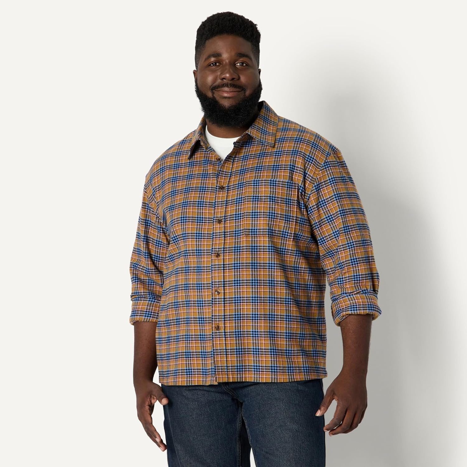 image:imageAmazon Essentials Mens RelaxedFit LongSleeve Flannel Shirt with Button Front Closure Spread Collar Chest PocketDark Khaki Blue Houndstooth Plaid