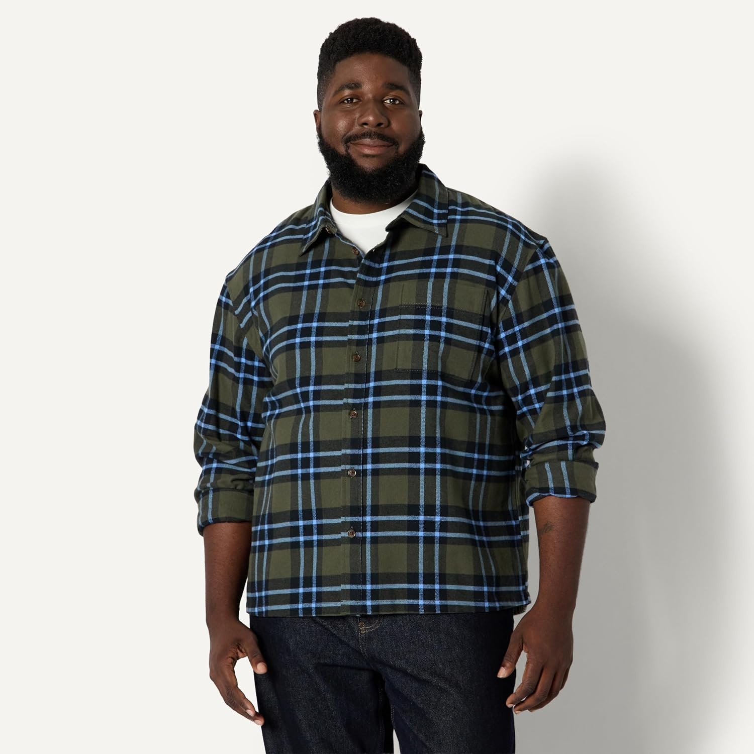 image:imageAmazon Essentials Mens RelaxedFit LongSleeve Flannel Shirt with Button Front Closure Spread Collar Chest PocketDark Olive Blue Simple Plaid