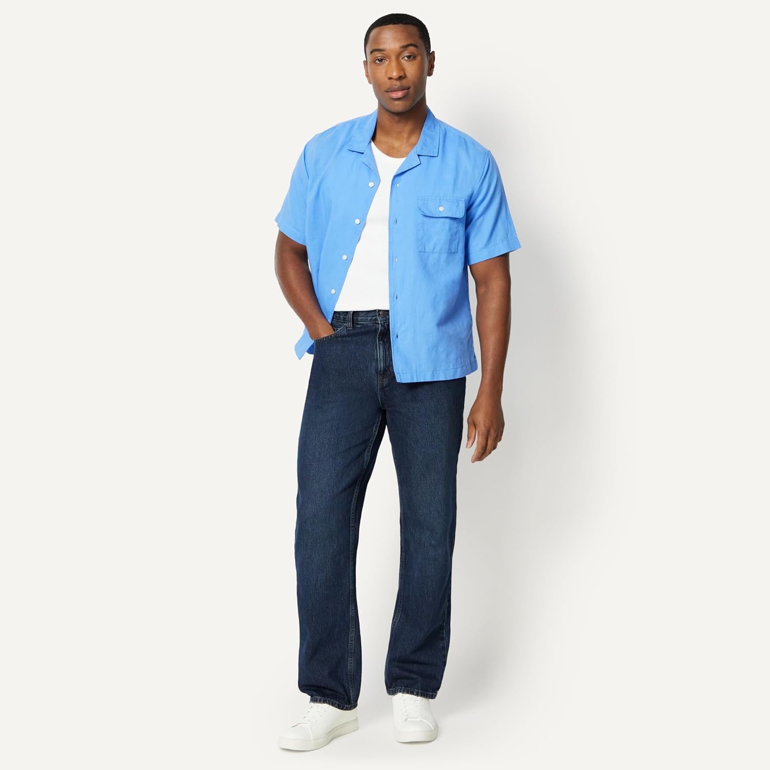 image:imageAmazon Essentials Mens RelaxedFit Short Sleeve Linen Blend ShirtBlue