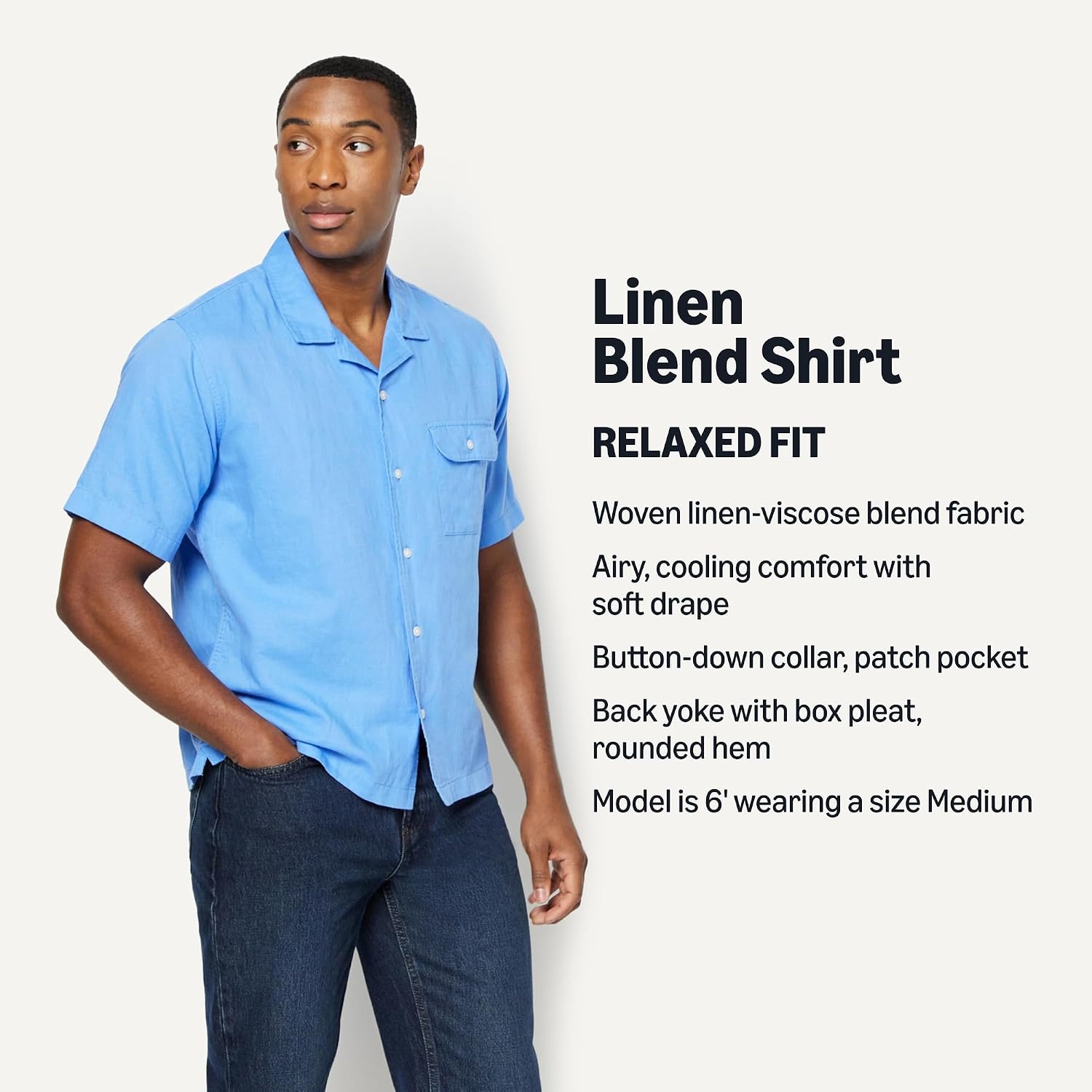 image:imageAmazon Essentials Mens RelaxedFit Short Sleeve Linen Blend ShirtBlue