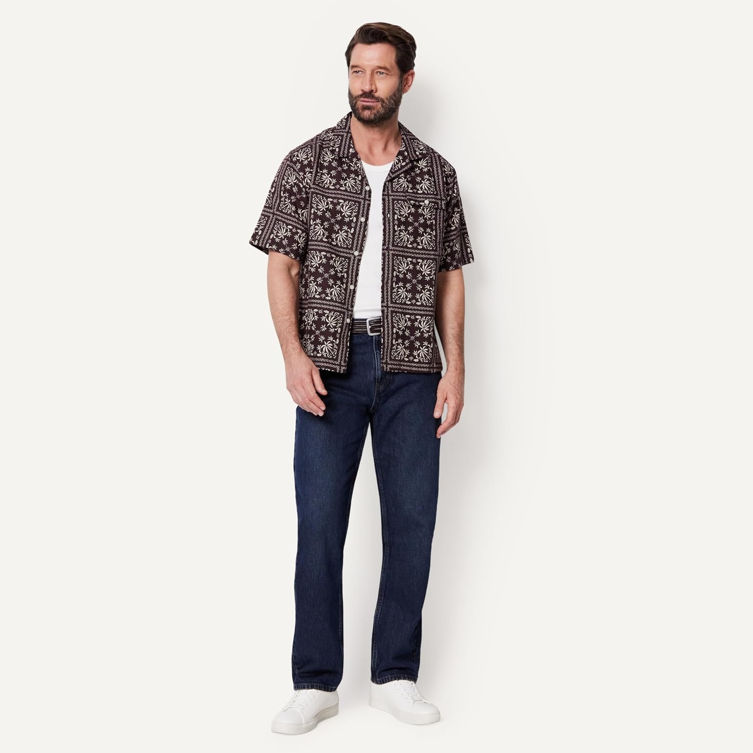 image:imageAmazon Essentials Mens RelaxedFit Short Sleeve Linen Blend ShirtDark Maroon Bandana Pattern