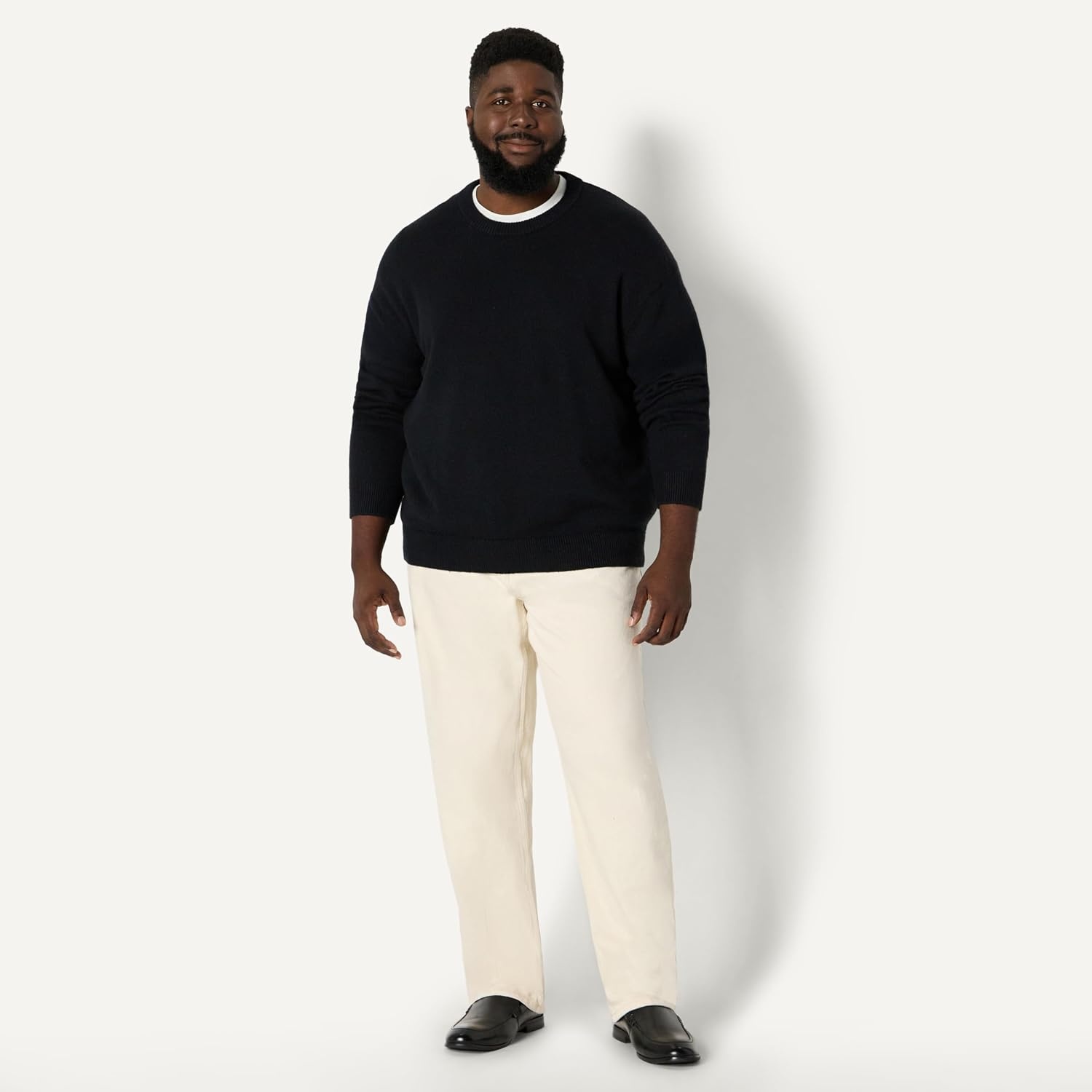 image:imageAmazon Essentials Mens RelaxedFit Soft Cotton Blend Textured Crewneck Pullover Sweater RibbedBlack