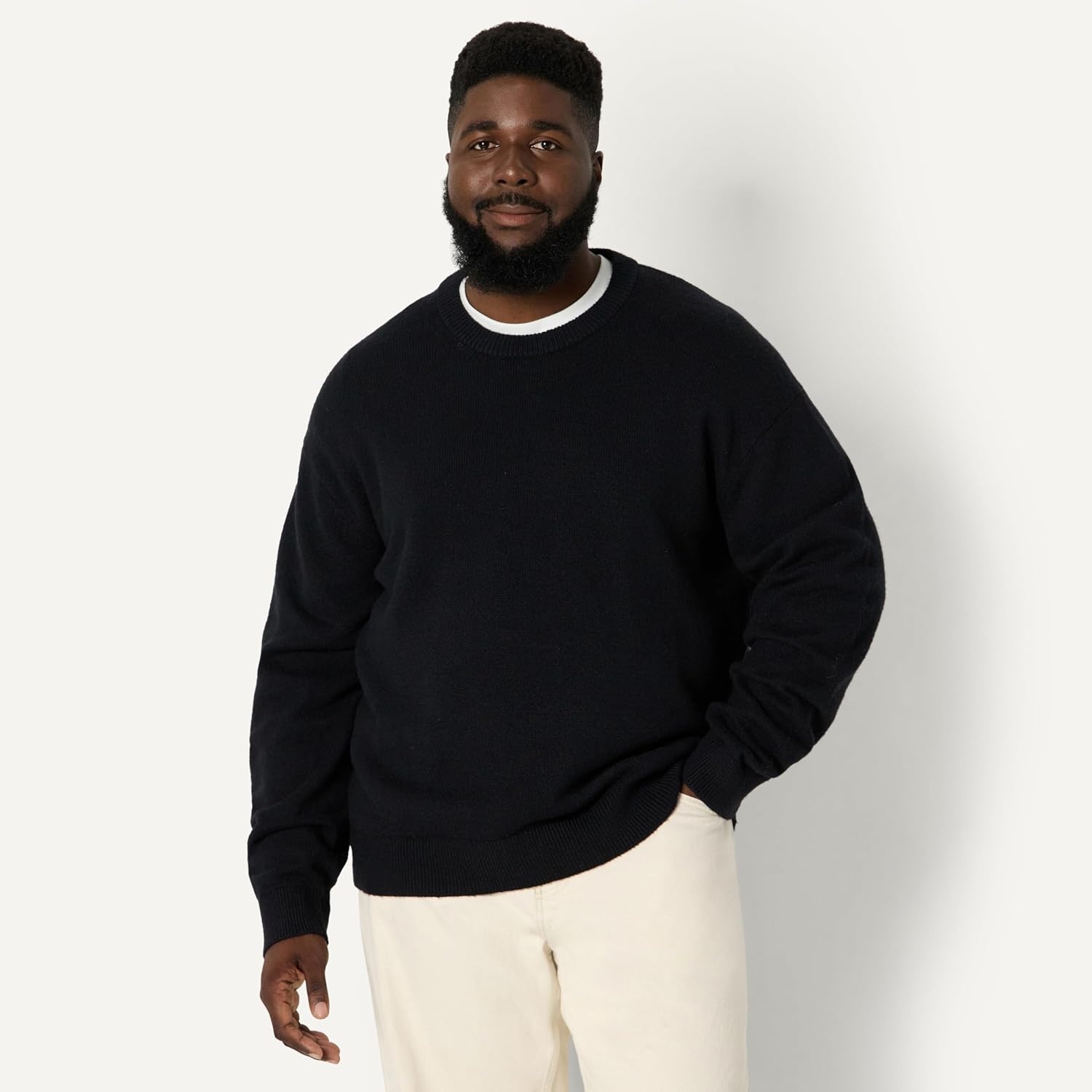 image:imageAmazon Essentials Mens RelaxedFit Soft Cotton Blend Textured Crewneck Pullover Sweater RibbedBlack