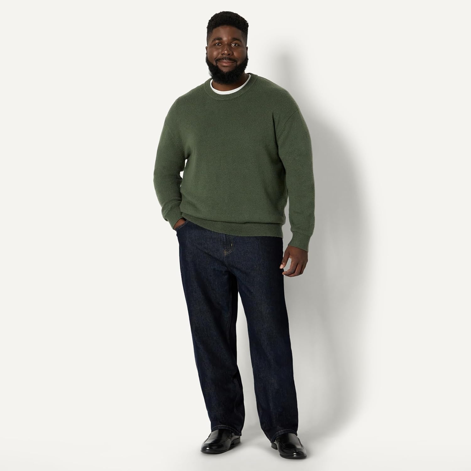 image:imageAmazon Essentials Mens RelaxedFit Soft Cotton Blend Textured Crewneck Pullover Sweater RibbedDark Olive