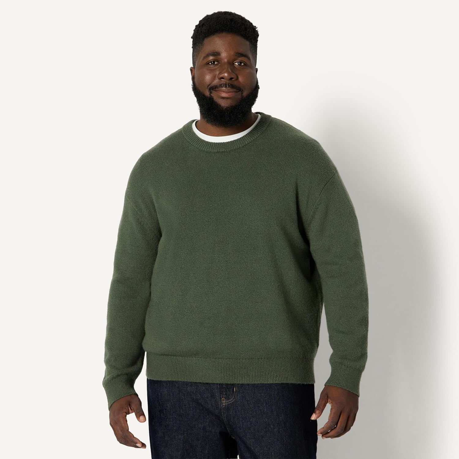 image:imageAmazon Essentials Mens RelaxedFit Soft Cotton Blend Textured Crewneck Pullover Sweater RibbedDark Olive