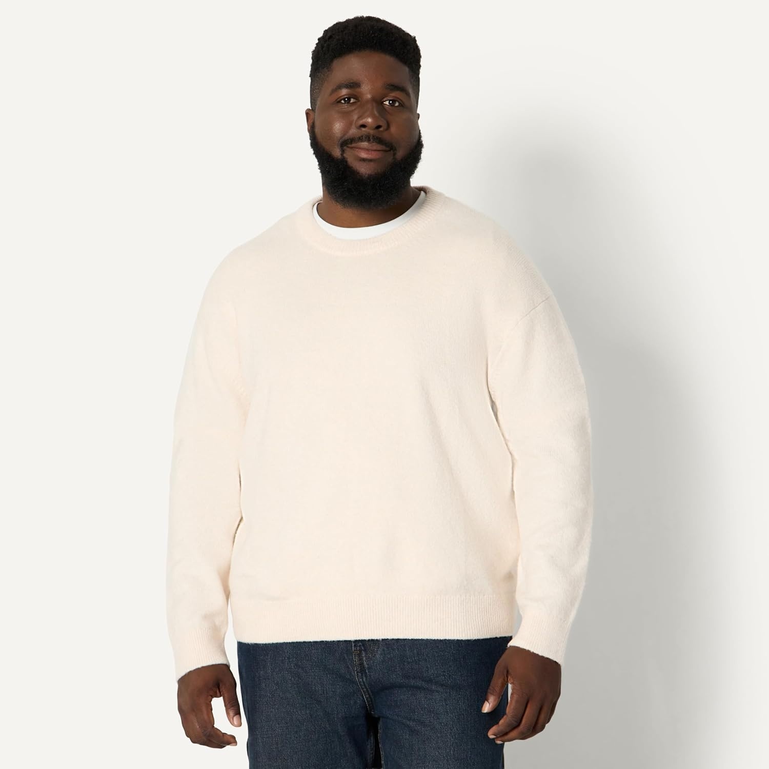 image:imageAmazon Essentials Mens RelaxedFit Soft Cotton Blend Textured Crewneck Pullover Sweater RibbedOatmeal Heather