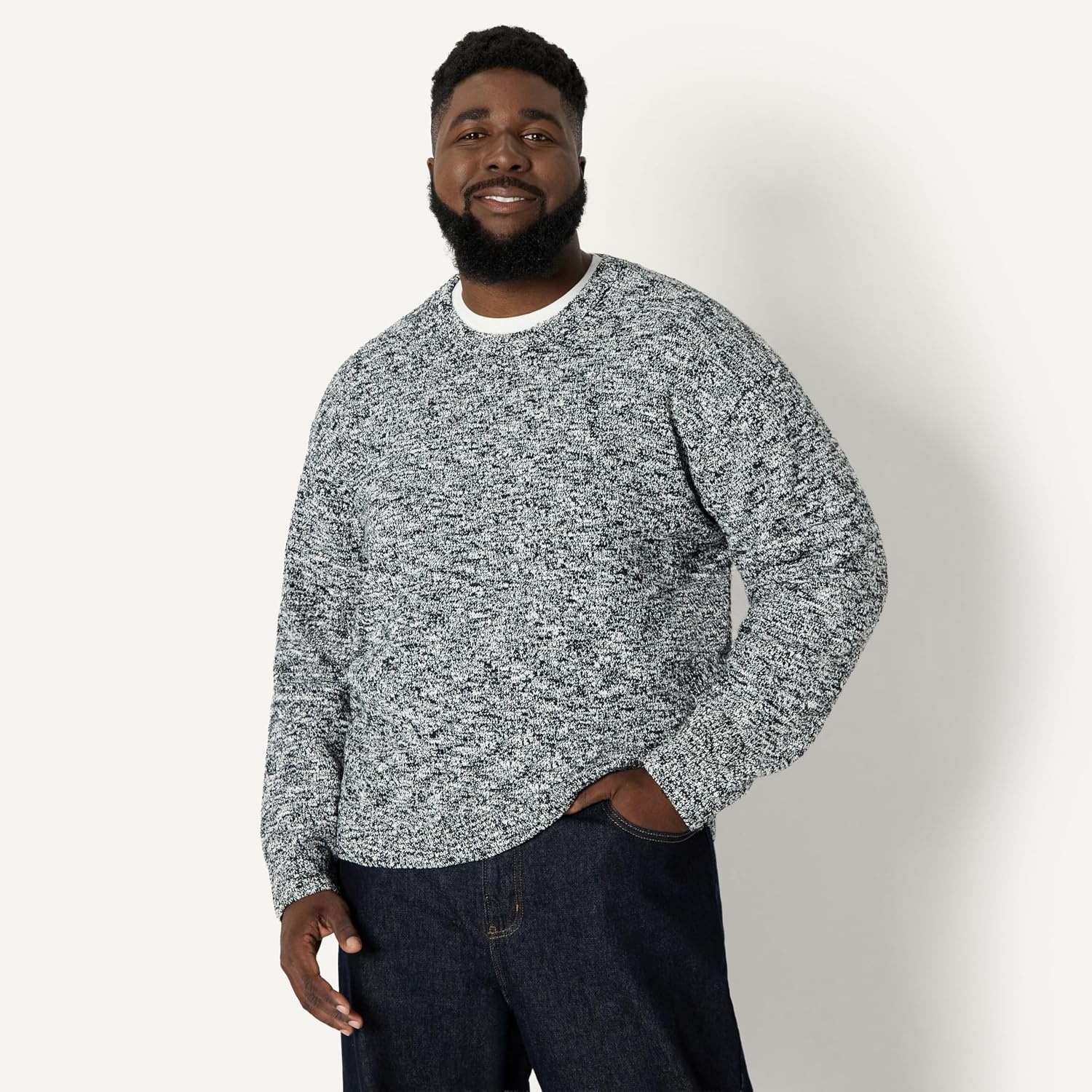 image:imageAmazon Essentials Mens RelaxedFit TwoTone Heavyweight Crewneck Pullover Sweater Wool BlendBlack Marl