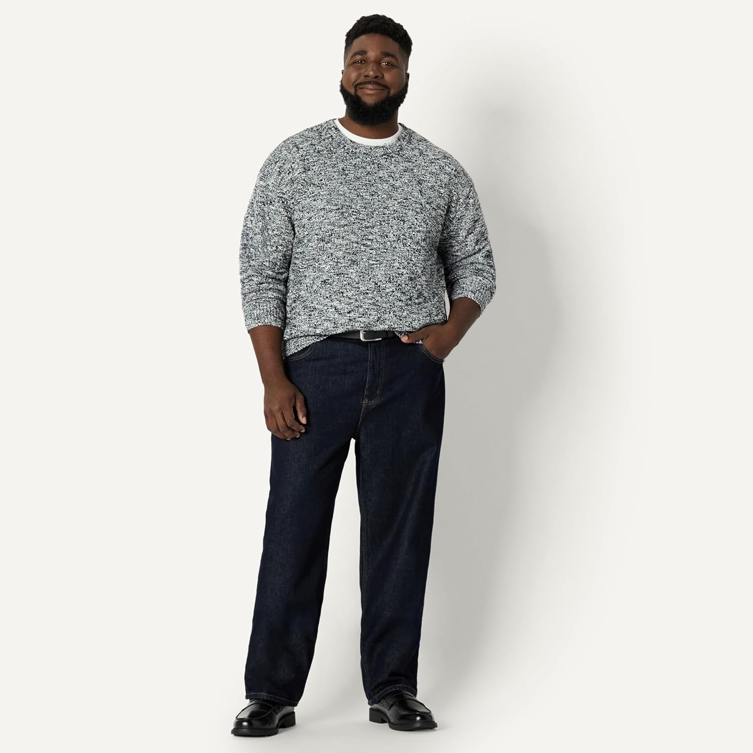image:imageAmazon Essentials Mens RelaxedFit TwoTone Heavyweight Crewneck Pullover Sweater Wool BlendBlack Marl
