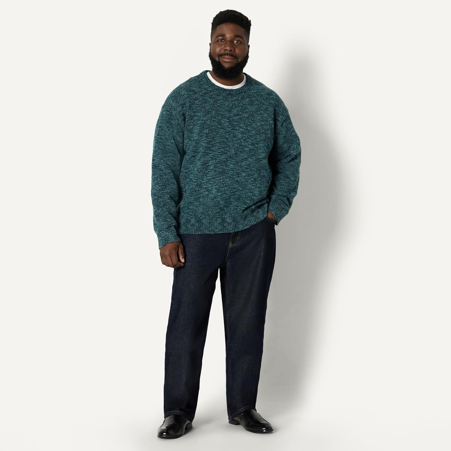 image:imageAmazon Essentials Mens RelaxedFit TwoTone Heavyweight Crewneck Pullover Sweater Wool BlendDark Teal Green Marl
