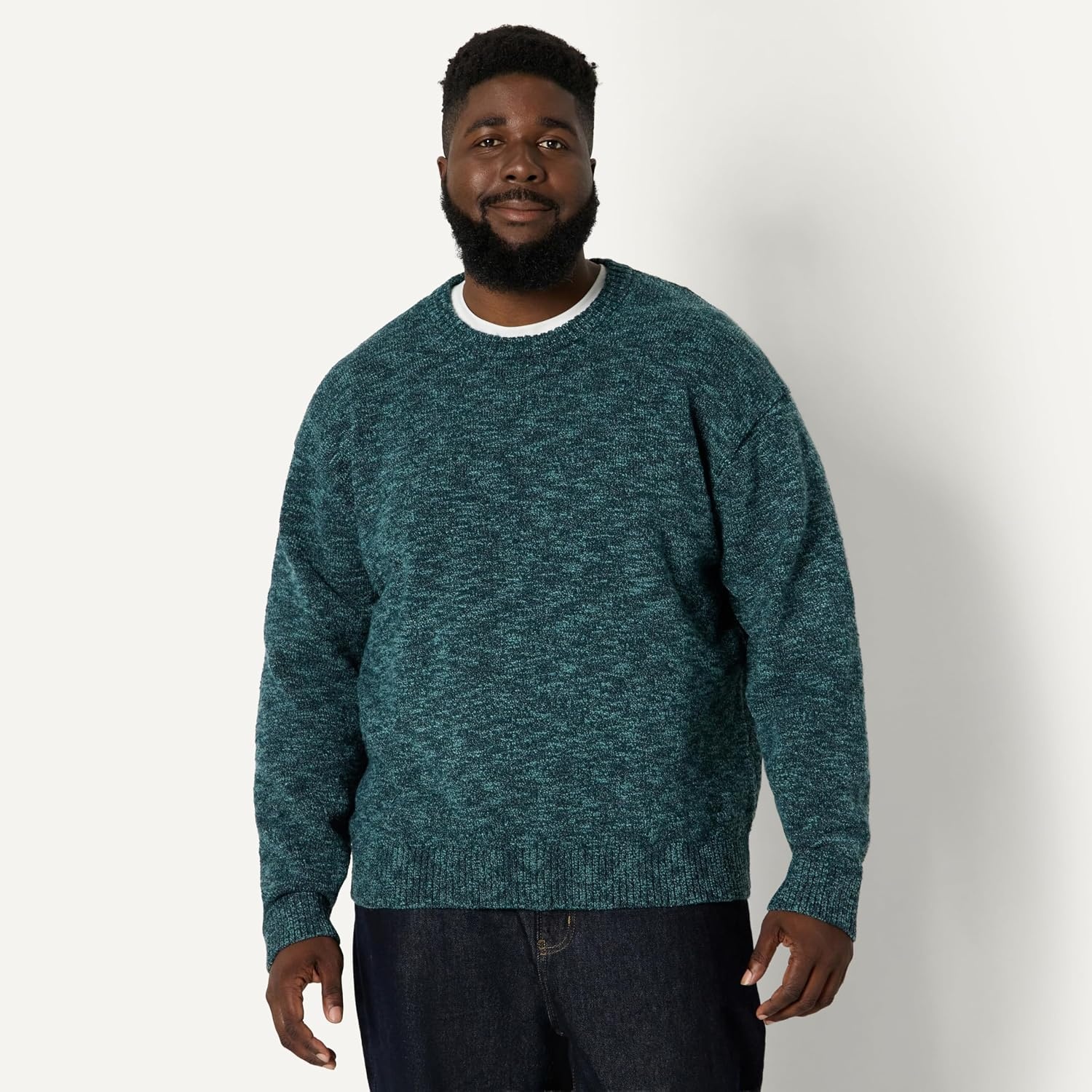 image:imageAmazon Essentials Mens RelaxedFit TwoTone Heavyweight Crewneck Pullover Sweater Wool BlendDark Teal Green Marl