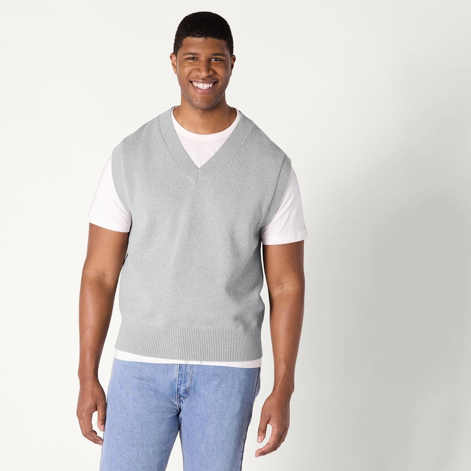 image:imageAmazon Essentials Mens RelaxedFit VNeck Sweater Vest PulloverMedium Grey Heather