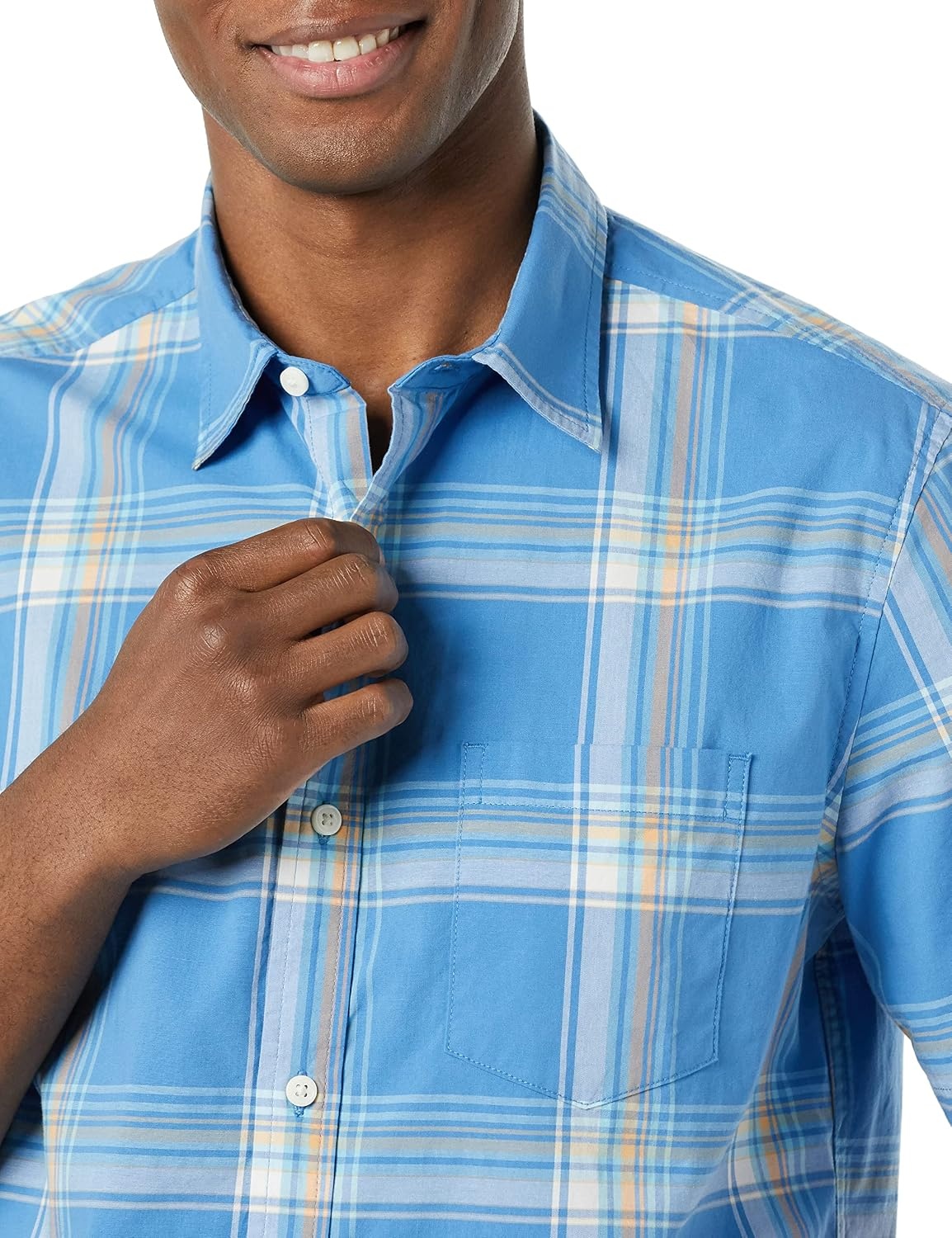 image:imageAmazon Essentials Mens Short Sleeve Dress Shirt with Stretch Charcoal White Vertical Stripe Available in Big amp TallLight BlueIndigo Plaid