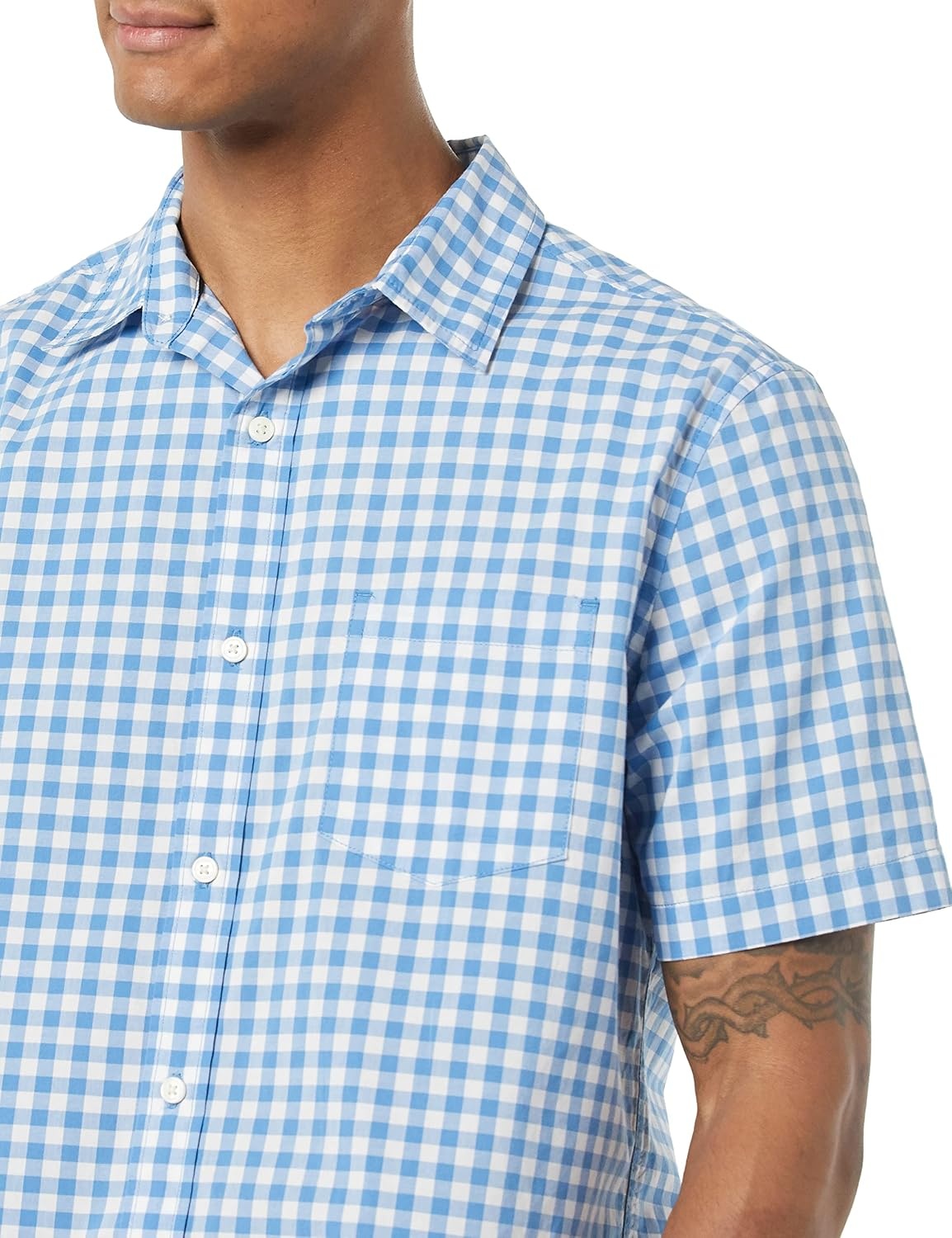 image:imageAmazon Essentials Mens Short Sleeve Dress Shirt with Stretch Charcoal White Vertical Stripe Available in Big amp TallLight BlueWhite Gingham