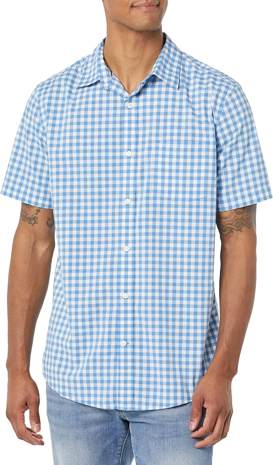 image:imageAmazon Essentials Mens Short Sleeve Dress Shirt with Stretch Charcoal White Vertical Stripe Available in Big amp TallLight BlueWhite Gingham