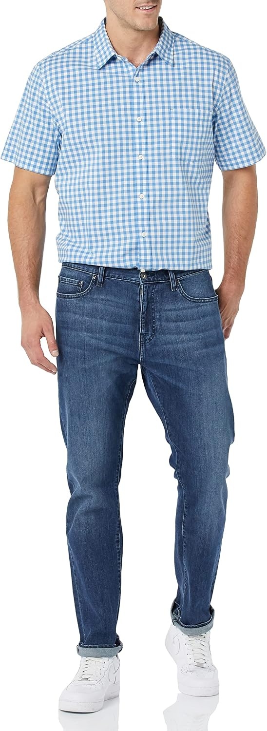 image:imageAmazon Essentials Mens Short Sleeve Dress Shirt with Stretch Charcoal White Vertical Stripe Available in Big amp TallLight BlueWhite Gingham