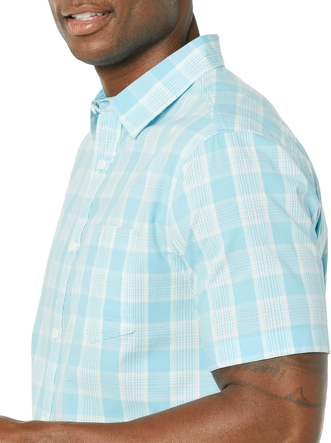 image:imageAmazon Essentials Mens Short Sleeve Dress Shirt with Stretch Charcoal White Vertical Stripe Available in Big amp TallLight BlueWhite Plaid