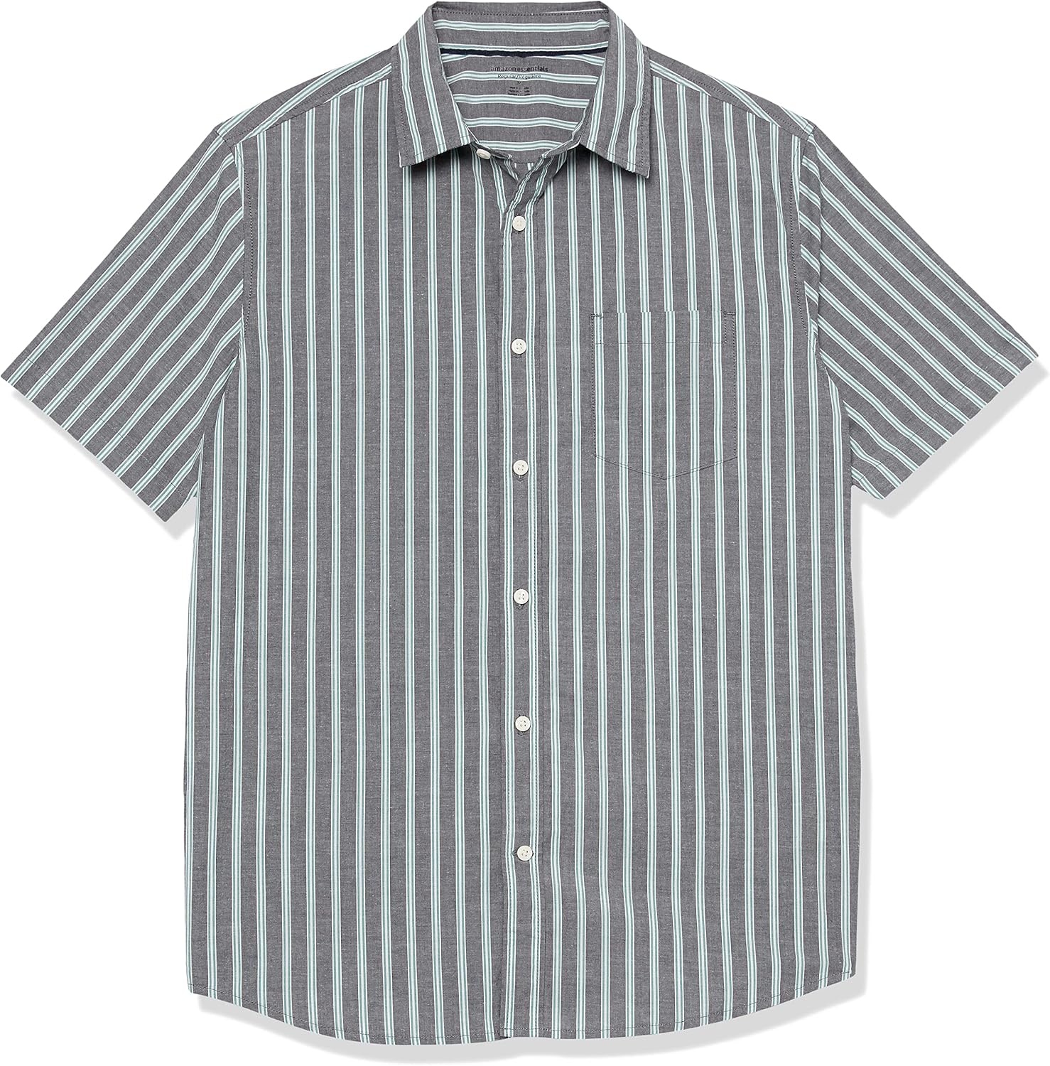 image:imageAmazon Essentials Mens Short Sleeve Dress Shirt with Stretch Charcoal White Vertical Stripe Available in Big amp TallNavy Awning Stripe