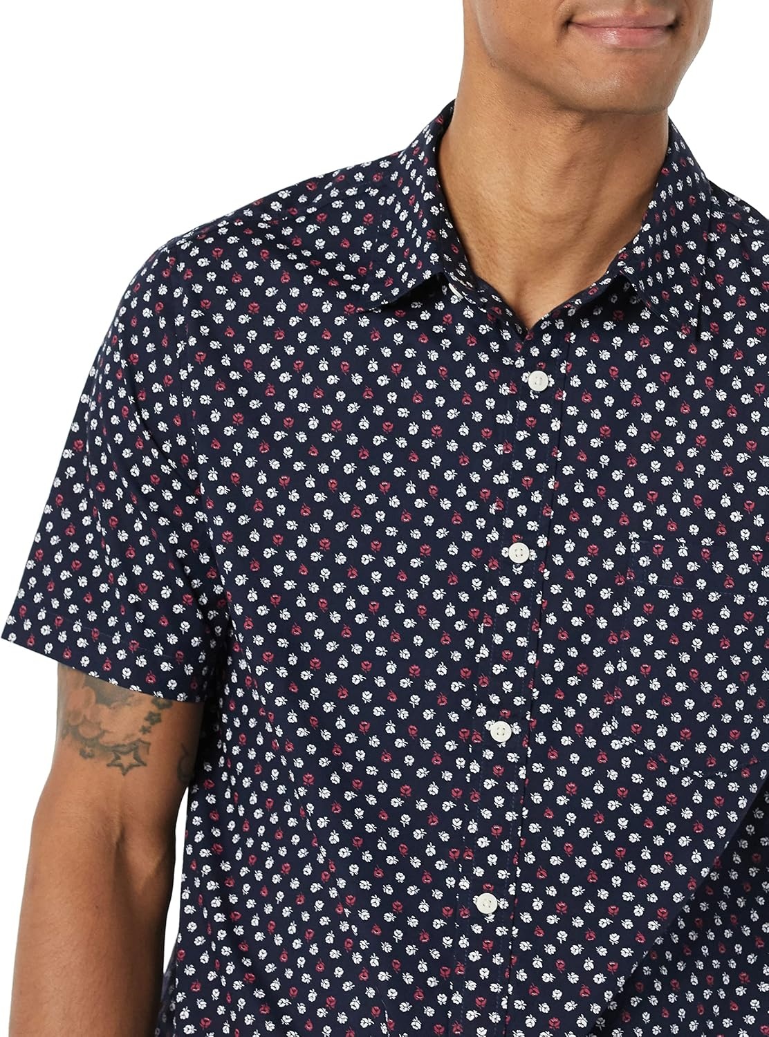 image:imageAmazon Essentials Mens Short Sleeve Dress Shirt with Stretch Charcoal White Vertical Stripe Available in Big amp TallNavy Micro Rose Print