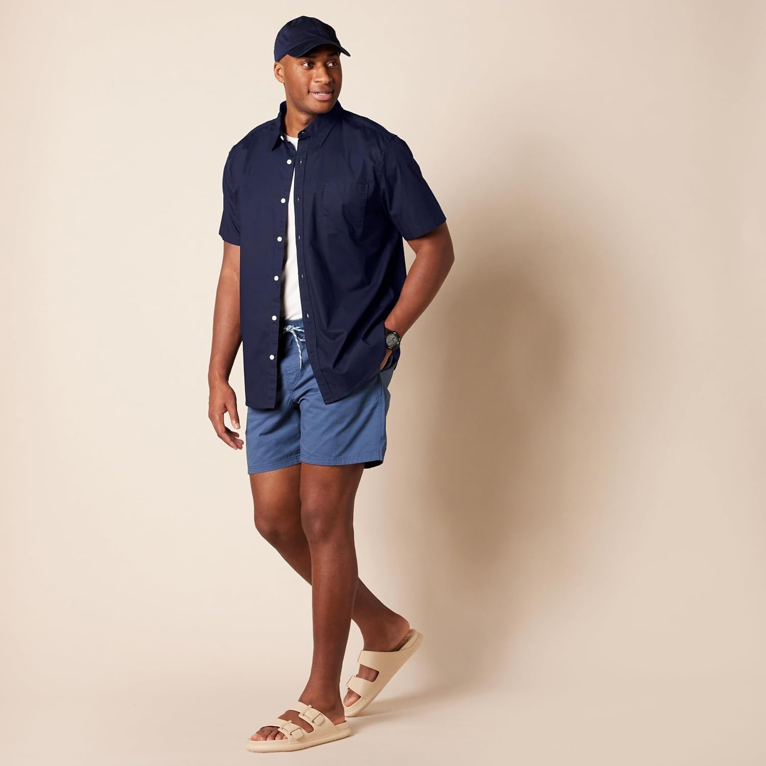 image:imageAmazon Essentials Mens Short Sleeve Dress Shirt with Stretch Charcoal White Vertical Stripe Available in Big amp TallNavy