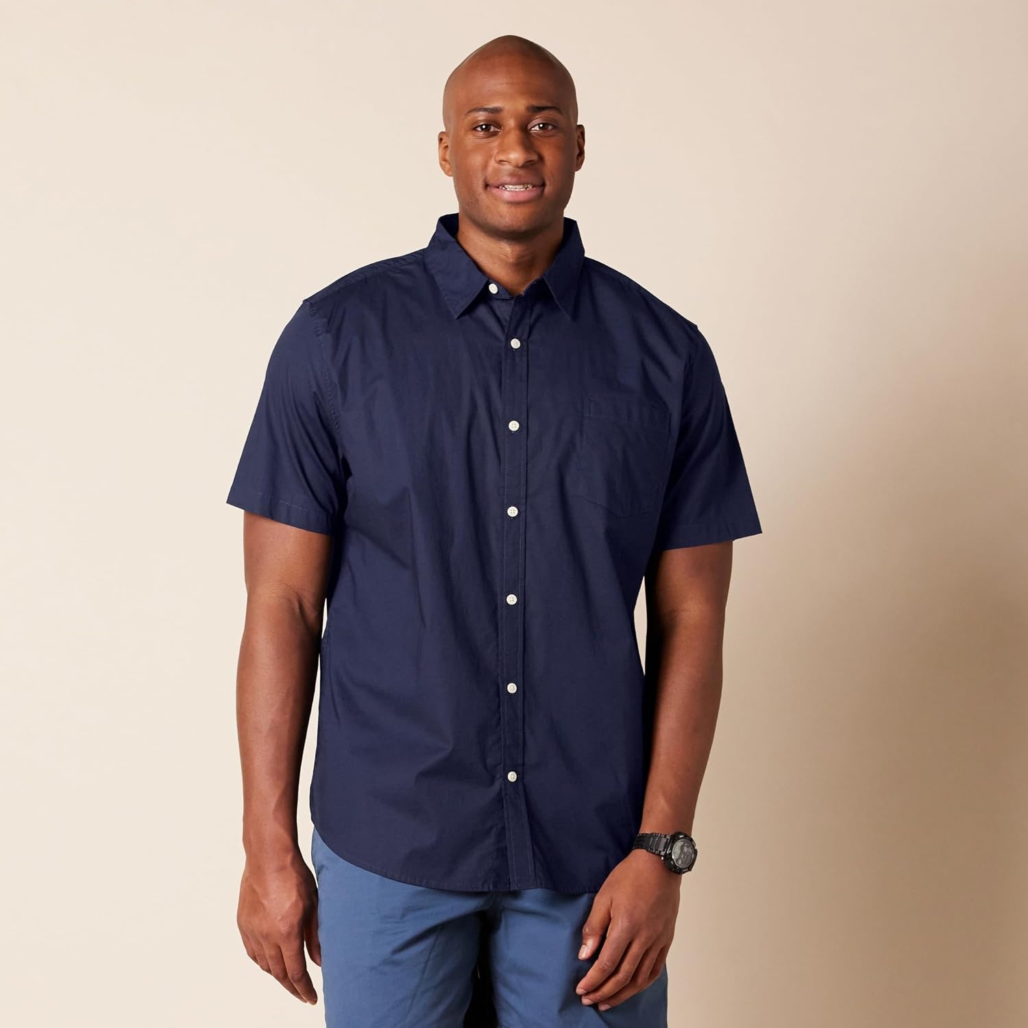 image:imageAmazon Essentials Mens Short Sleeve Dress Shirt with Stretch Charcoal White Vertical Stripe Available in Big amp TallNavy