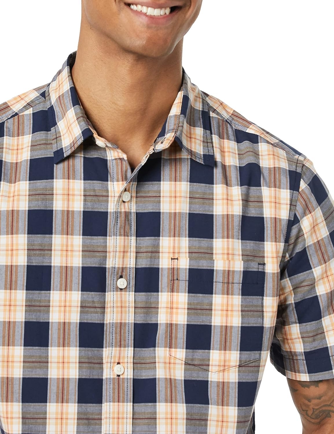 image:imageAmazon Essentials Mens Short Sleeve Dress Shirt with Stretch Charcoal White Vertical Stripe Available in Big amp TallNavyGold Plaid