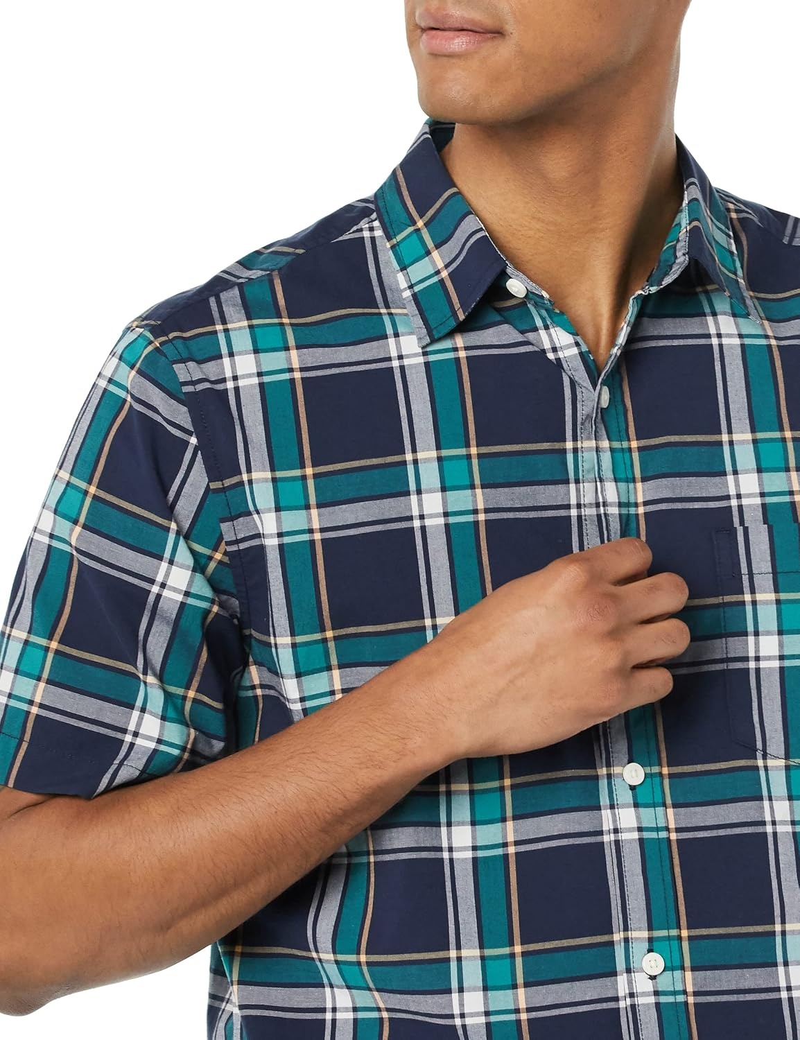 image:imageAmazon Essentials Mens Short Sleeve Dress Shirt with Stretch Charcoal White Vertical Stripe Available in Big amp TallNavyGreen Plaid