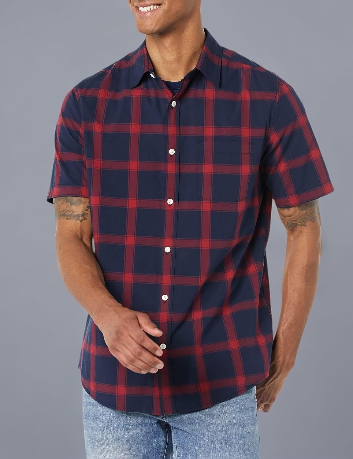 image:imageAmazon Essentials Mens Short Sleeve Dress Shirt with Stretch Charcoal White Vertical Stripe Available in Big amp TallNavyRed Buffalo Plaid