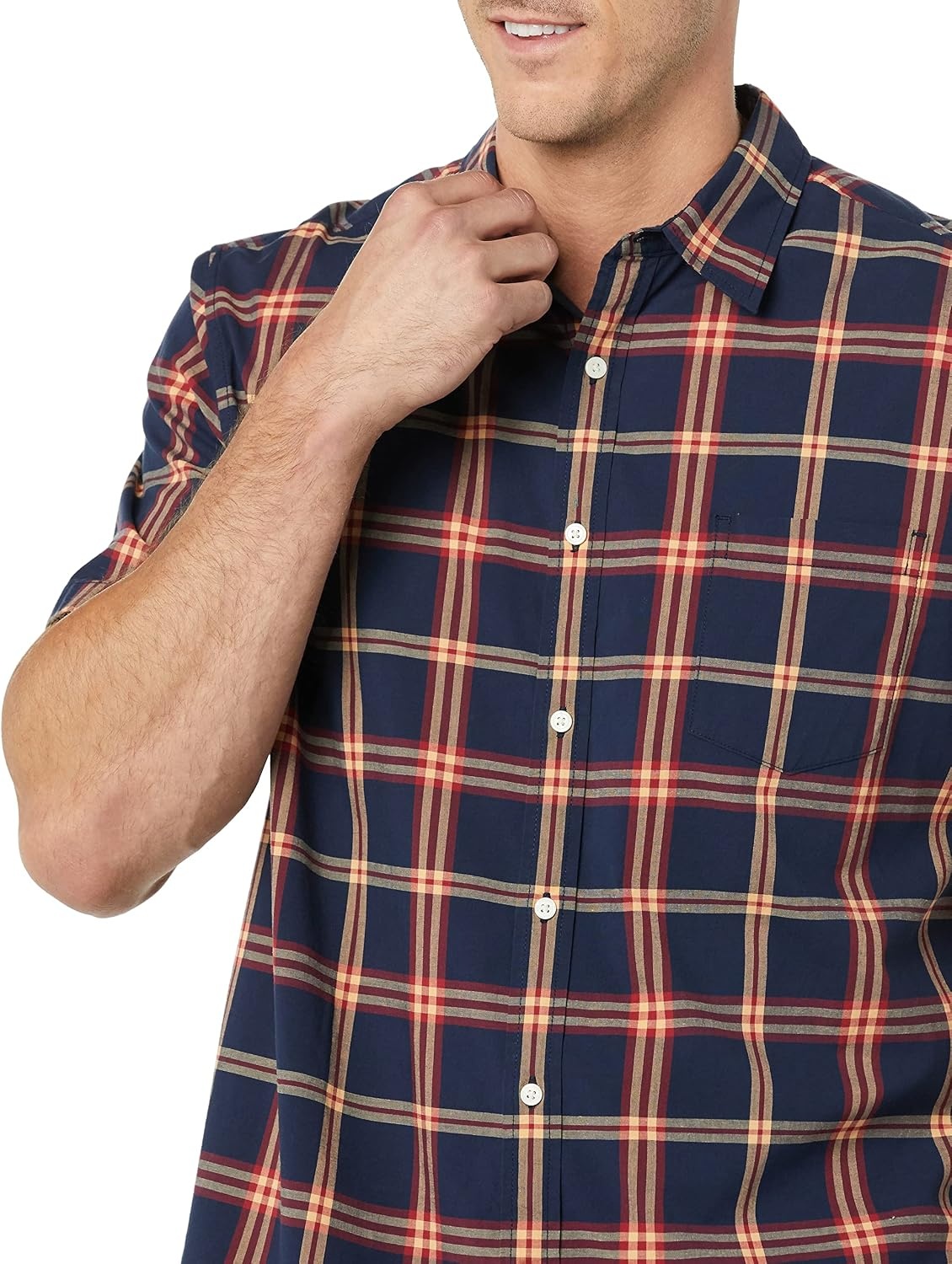 image:imageAmazon Essentials Mens Short Sleeve Dress Shirt with Stretch Charcoal White Vertical Stripe Available in Big amp TallNavyRed Plaid