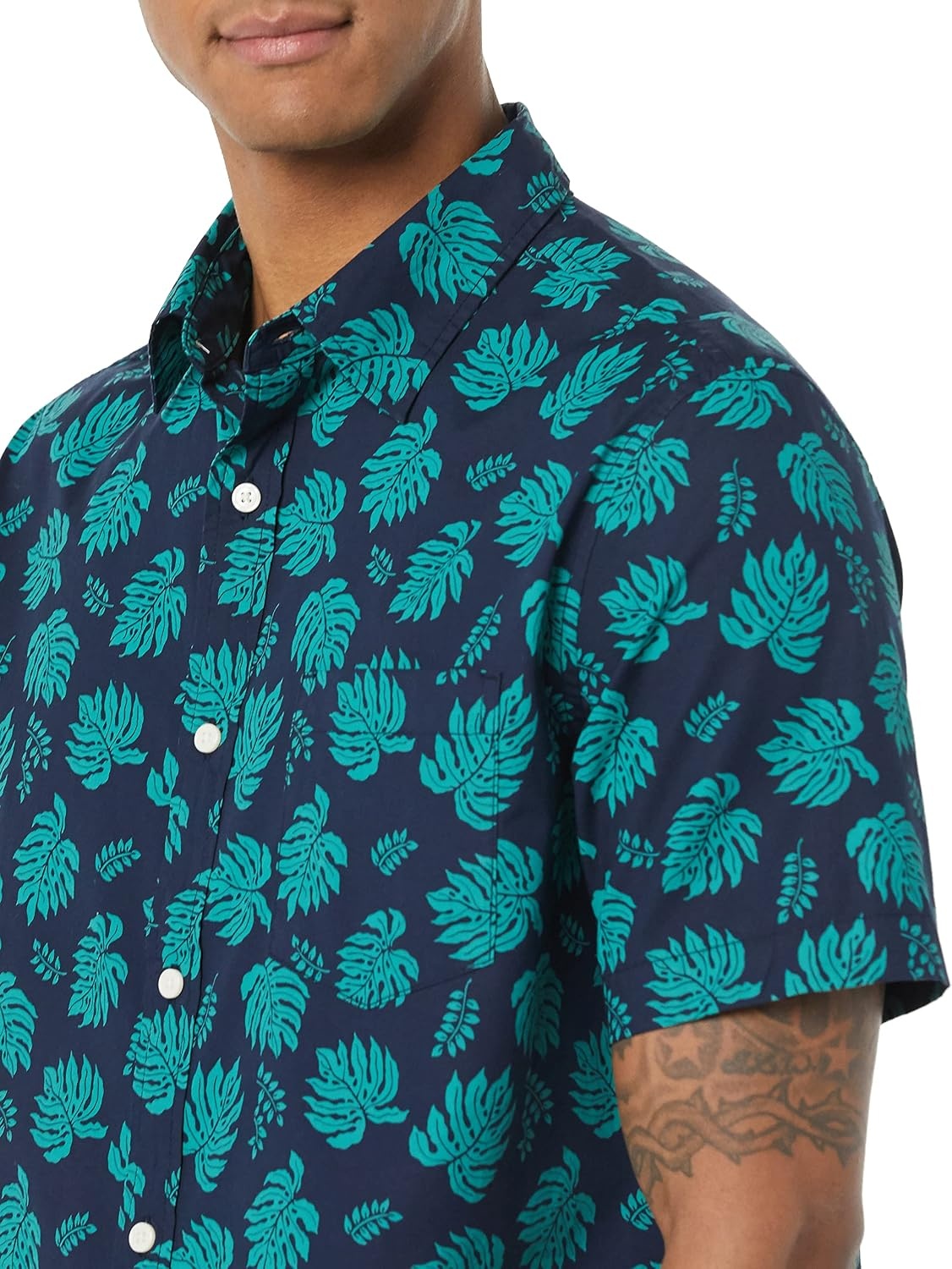image:imageAmazon Essentials Mens Short Sleeve Dress Shirt with Stretch Charcoal White Vertical Stripe Available in Big amp TallNavyTeal Blue Palm Leaf