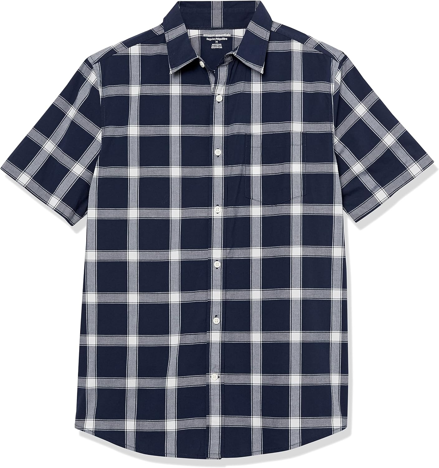 image:imageAmazon Essentials Mens Short Sleeve Dress Shirt with Stretch Charcoal White Vertical Stripe Available in Big amp TallNavyWhite Buffalo Plaid