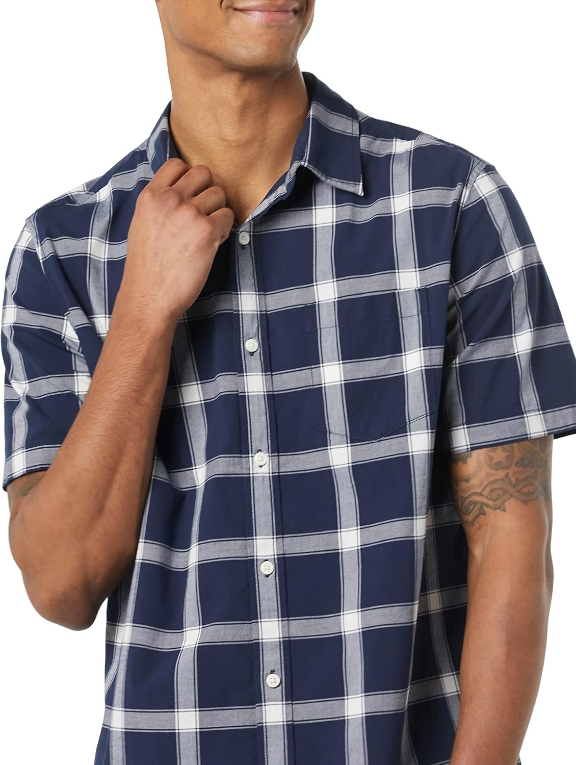 image:imageAmazon Essentials Mens Short Sleeve Dress Shirt with Stretch Charcoal White Vertical Stripe Available in Big amp TallNavyWhite Buffalo Plaid