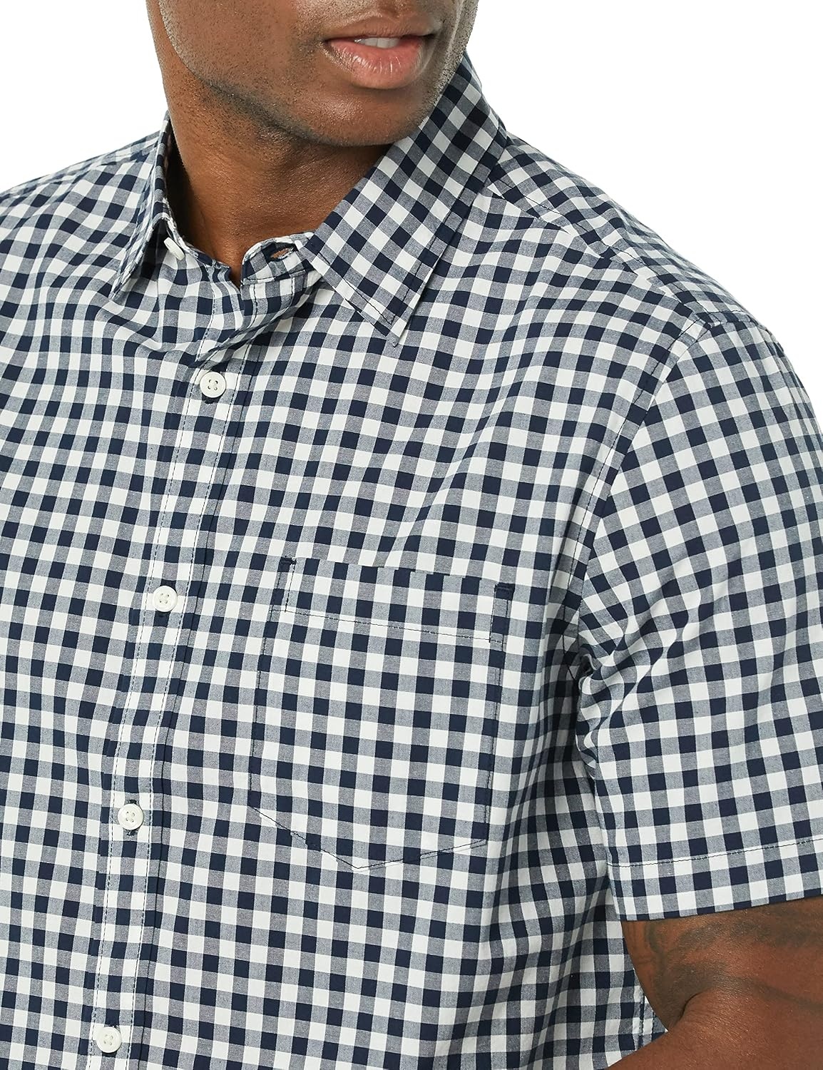 image:imageAmazon Essentials Mens Short Sleeve Dress Shirt with Stretch Charcoal White Vertical Stripe Available in Big amp TallNavyWhite Gingham