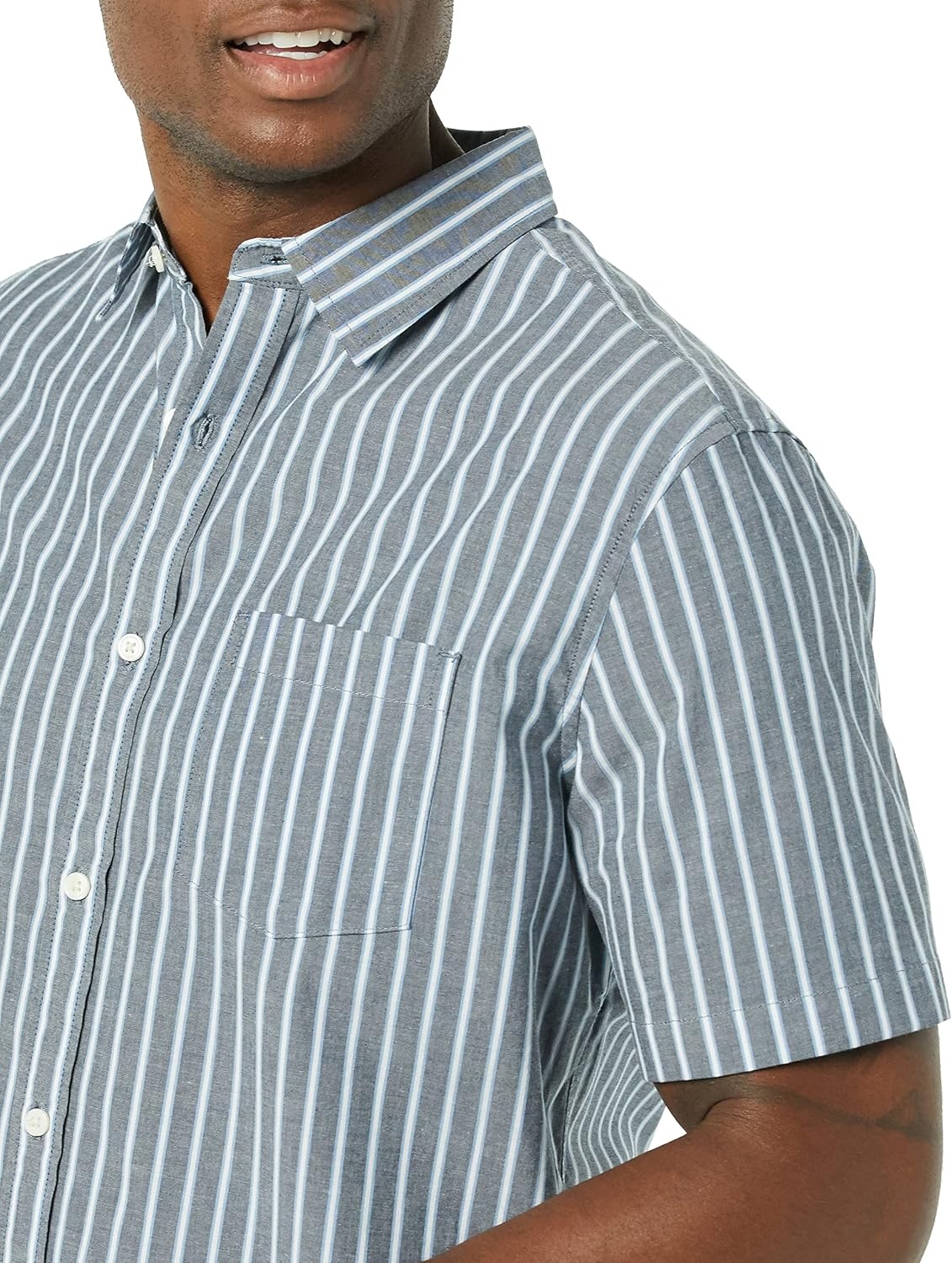image:imageAmazon Essentials Mens Short Sleeve Dress Shirt with Stretch Charcoal White Vertical Stripe Available in Big amp TallNavyWhite Stripe