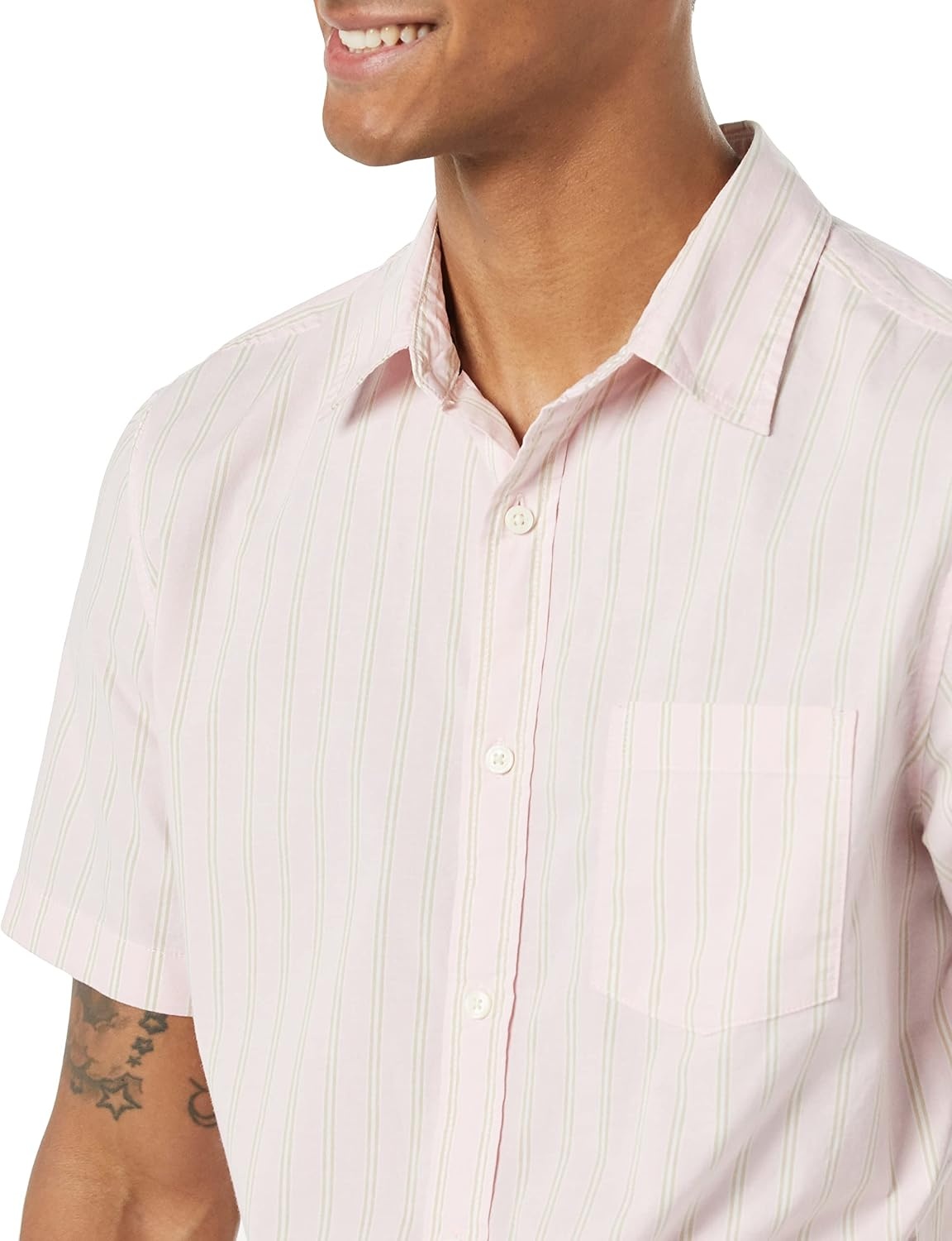image:imageAmazon Essentials Mens Short Sleeve Dress Shirt with Stretch Charcoal White Vertical Stripe Available in Big amp TallPink Awning Stripe