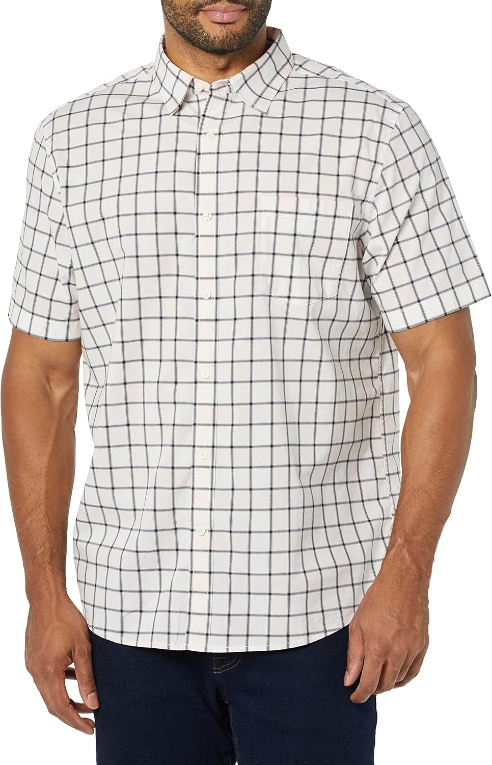 image:imageAmazon Essentials Mens Short Sleeve Dress Shirt with Stretch Charcoal White Vertical Stripe Available in Big amp TallPink White Buffalo Plaid