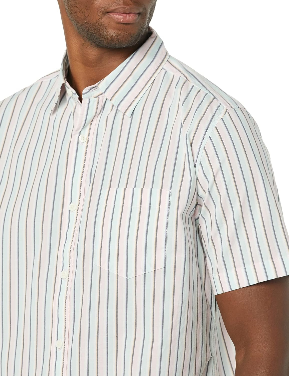 image:imageAmazon Essentials Mens Short Sleeve Dress Shirt with Stretch Charcoal White Vertical Stripe Available in Big amp TallPinkMulticolor Stripe