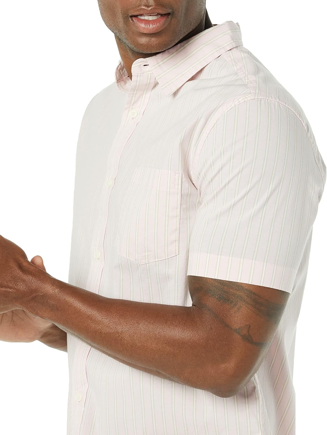 image:imageAmazon Essentials Mens Short Sleeve Dress Shirt with Stretch Charcoal White Vertical Stripe Available in Big amp TallPinkWhite Stripe