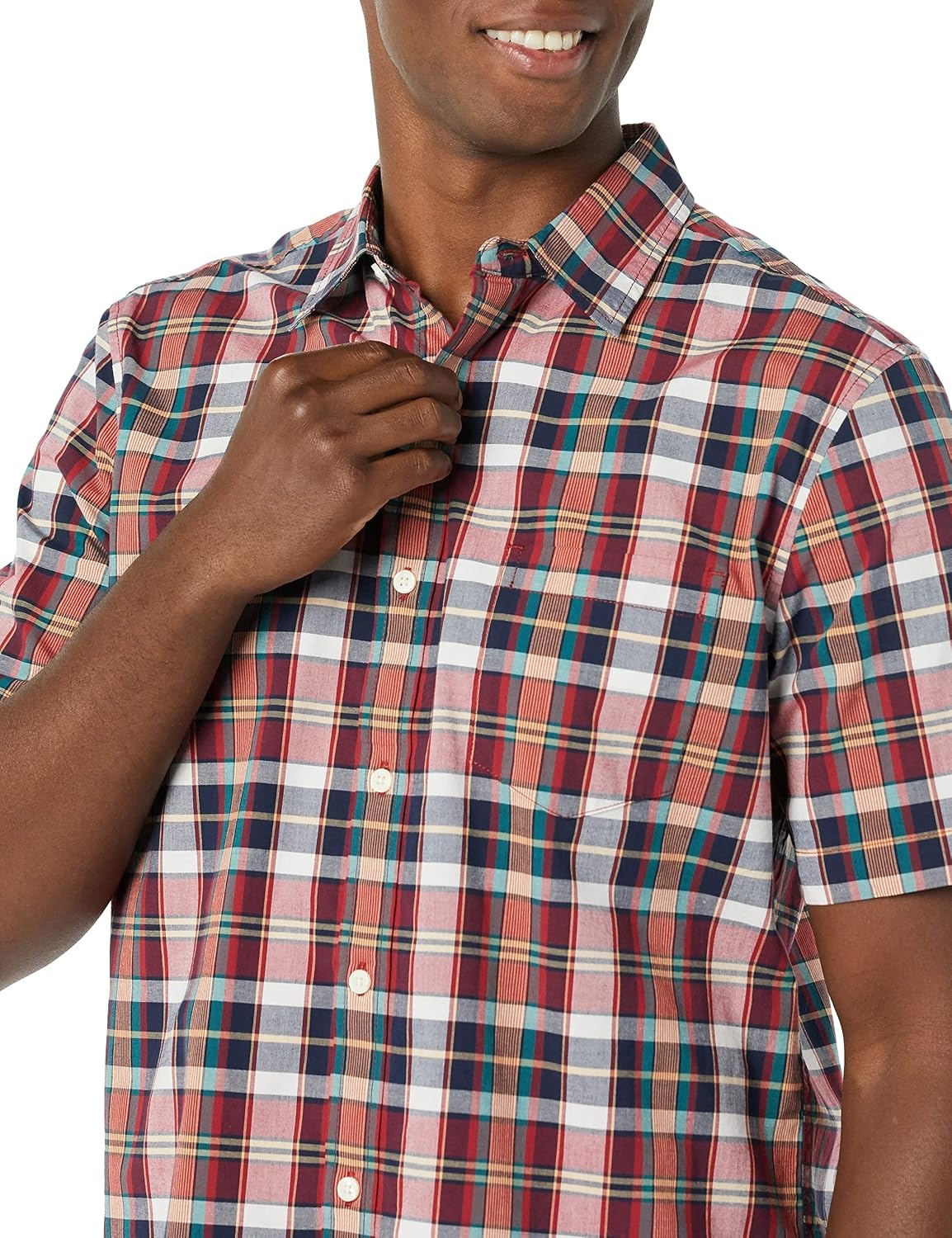 image:imageAmazon Essentials Mens Short Sleeve Dress Shirt with Stretch Charcoal White Vertical Stripe Available in Big amp TallRedMulticolor Plaid