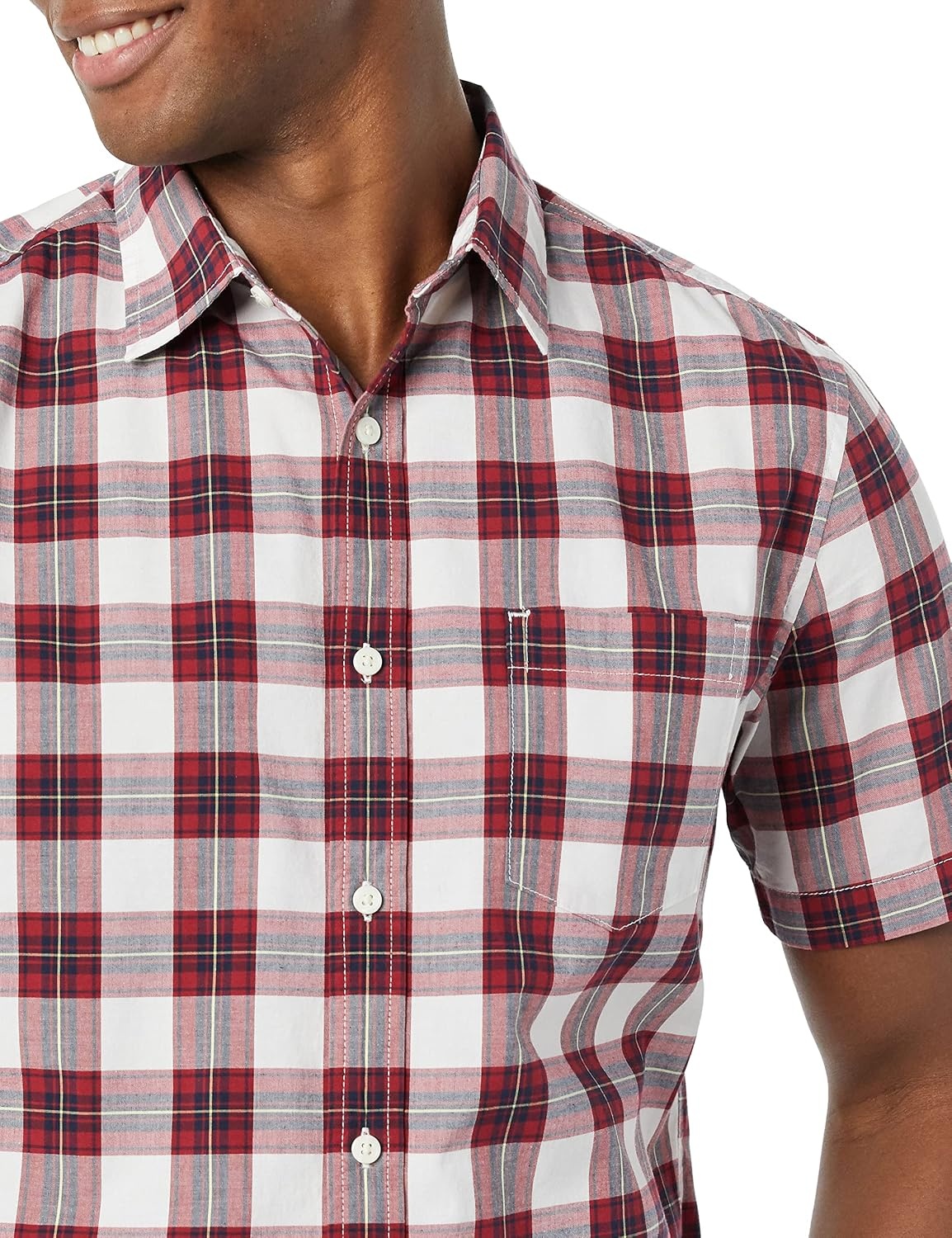 image:imageAmazon Essentials Mens Short Sleeve Dress Shirt with Stretch Charcoal White Vertical Stripe Available in Big amp TallRedWhiteCheck