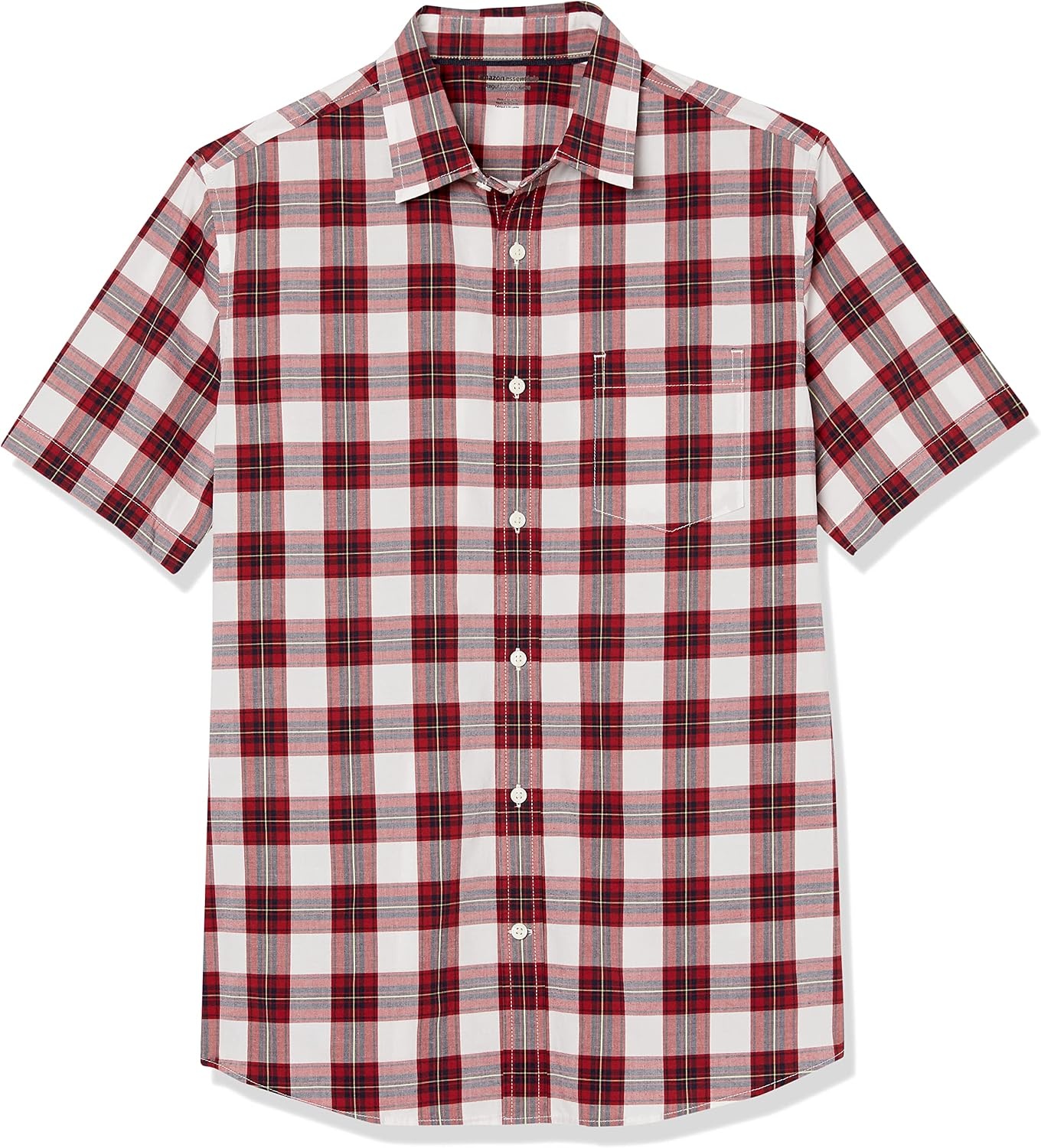 image:imageAmazon Essentials Mens Short Sleeve Dress Shirt with Stretch Charcoal White Vertical Stripe Available in Big amp TallRedWhiteCheck